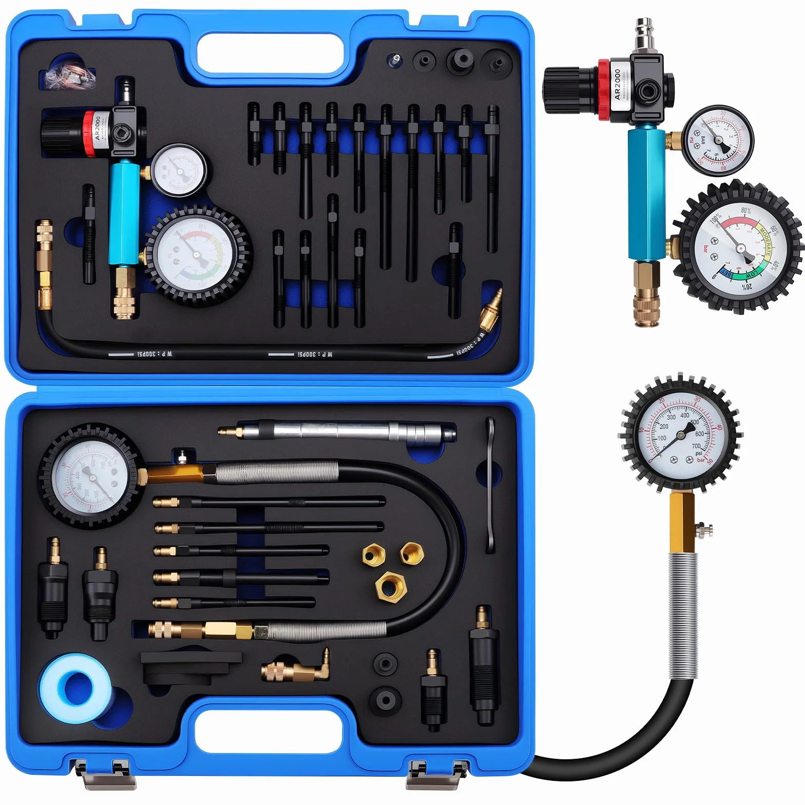 KAOLALI 46 Pezzi Tester di Compressione per Motori a Benzina e Diesel, Tester di Perdita di Pressione 0-725 psi, Testers Motore per Motori Diesel e Benzina HDi, TDCi, M24, M22, M20, M14, M12, M10, M8