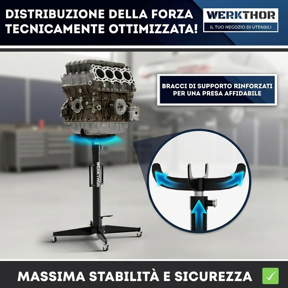 WERKTHOR Sollevatore per ingranaggi 500 kg idraulico regolabile 113-195 cm motore officina arrotolabile 4 ruote pedale nero