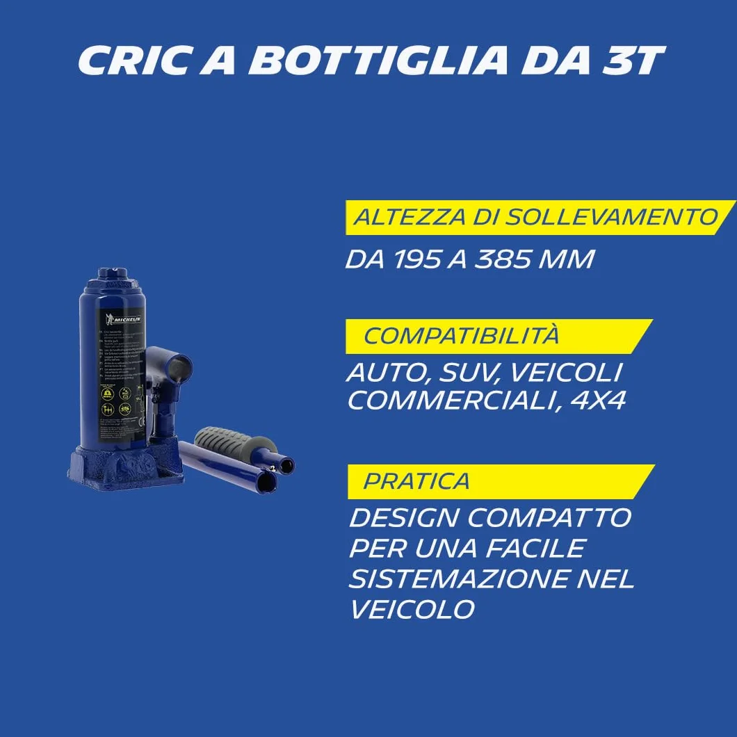 MICHELIN Cric a bottiglia idraulico 3 tonnellate 195-385 mm