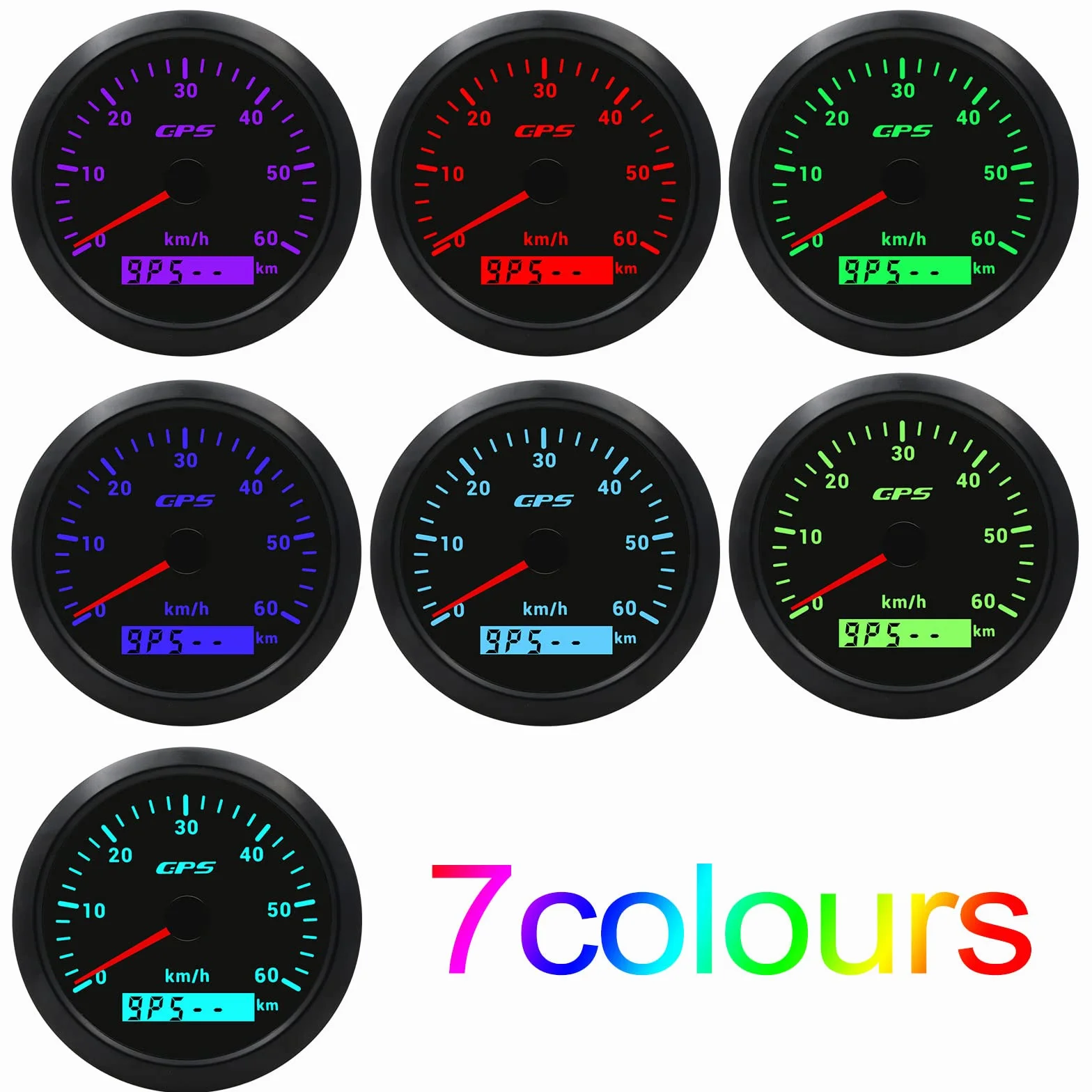 Geloo 85MM GPS tachimetro, 7 colori retroilluminazione 60KM/H contachilometri misuratore di velocità per moto barca marina camion auto con antenna GPS