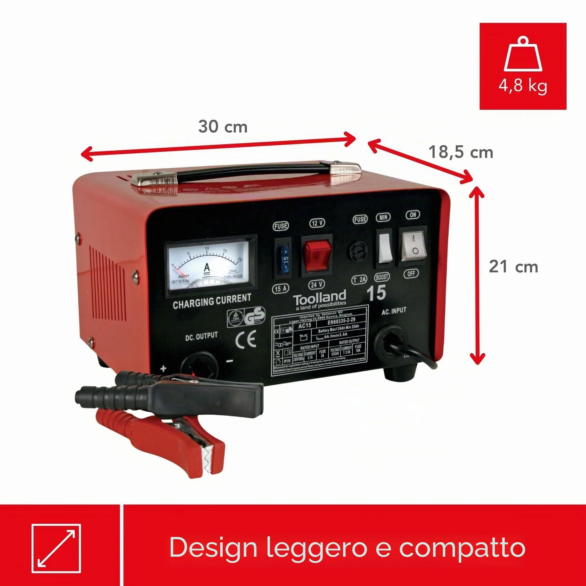 Toolland AC15 Caricatore per 12/24 V al piombo acido da batterie con funzione Boost, 300 mm x 210 mm x 185 mm dimensioni