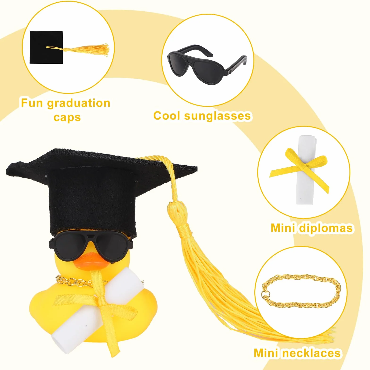 2pz Decorazione Cruscotto Auto a Forma di Paperella Gomma per Laurea, Mini Cappello da Diplomi Collana e Occhiali Sole Grazioso Ornamento di Paperella per Laureati Magistrali e Dottorandi (Giallo)