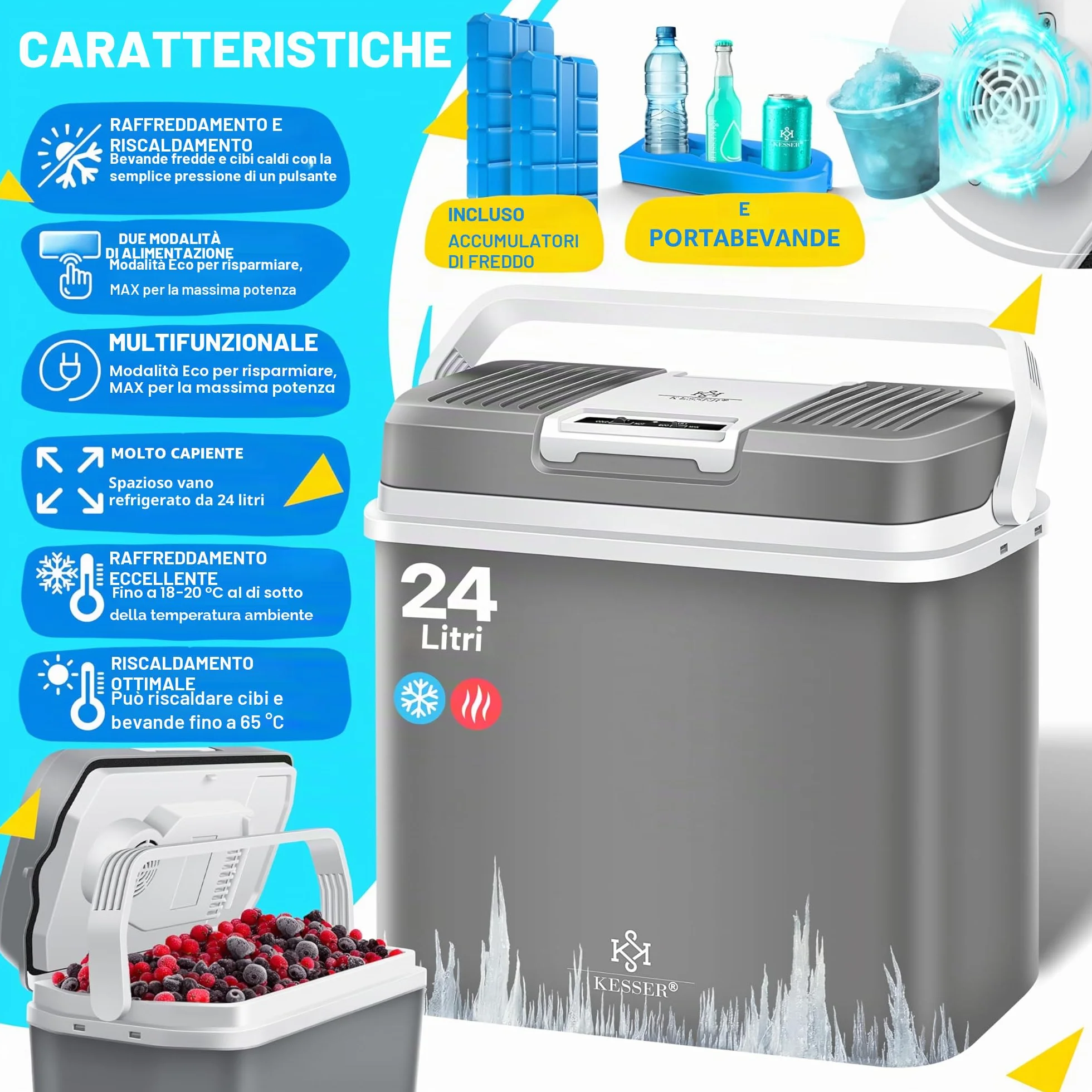 KESSER® Frigobox da 24 litri | RAFFREDDA e RISCALDA | Frigo box termoelettrico 12 volt e 230 volt con 2 batterie di raffreddamento | Mini frigo | per auto e campeggio | EEK A+++| Auto e campeggio