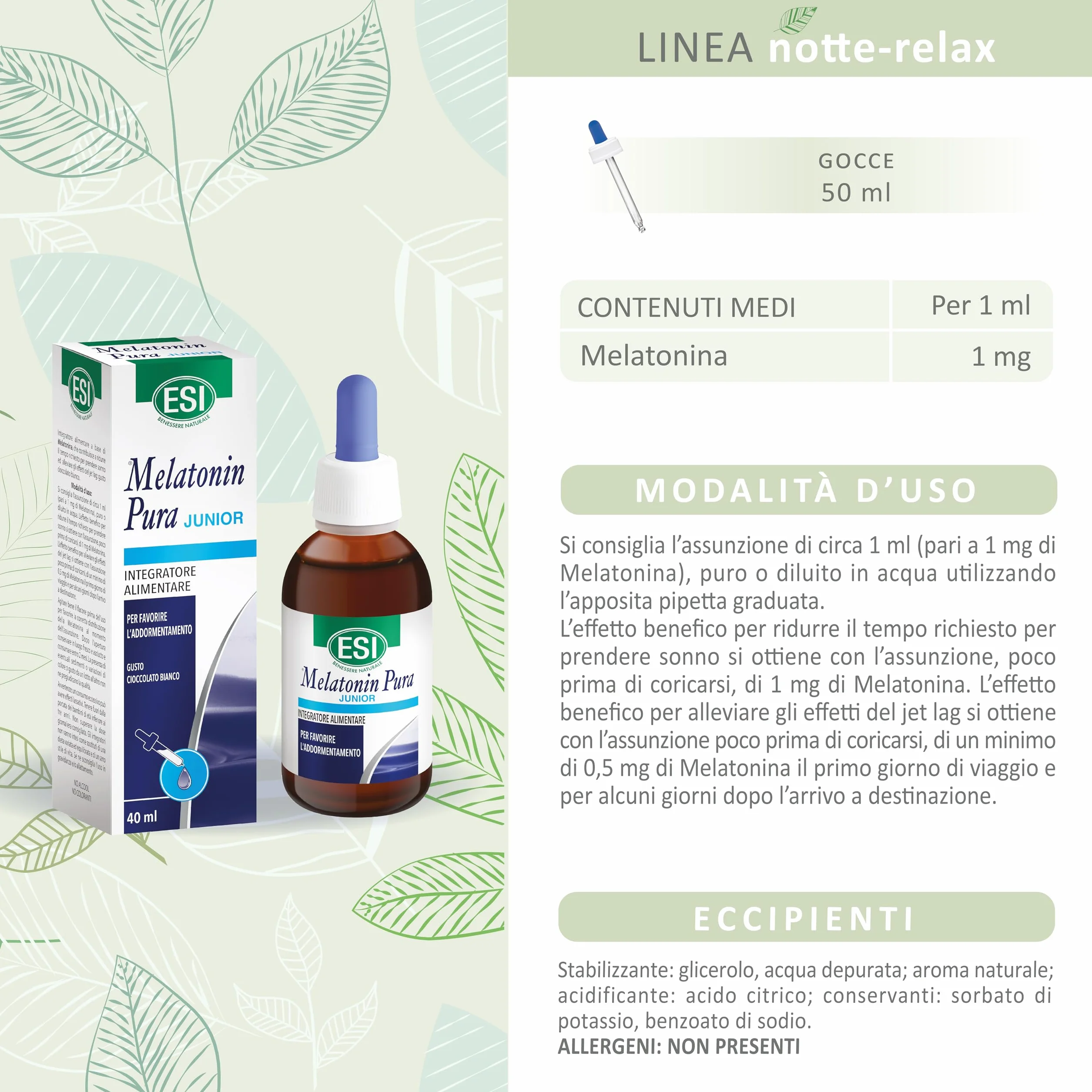ESI Melatonin Pura Junior Integratore Alimentare Melatonina Bambini Gocce Senza Glutine Vegan 40 ml