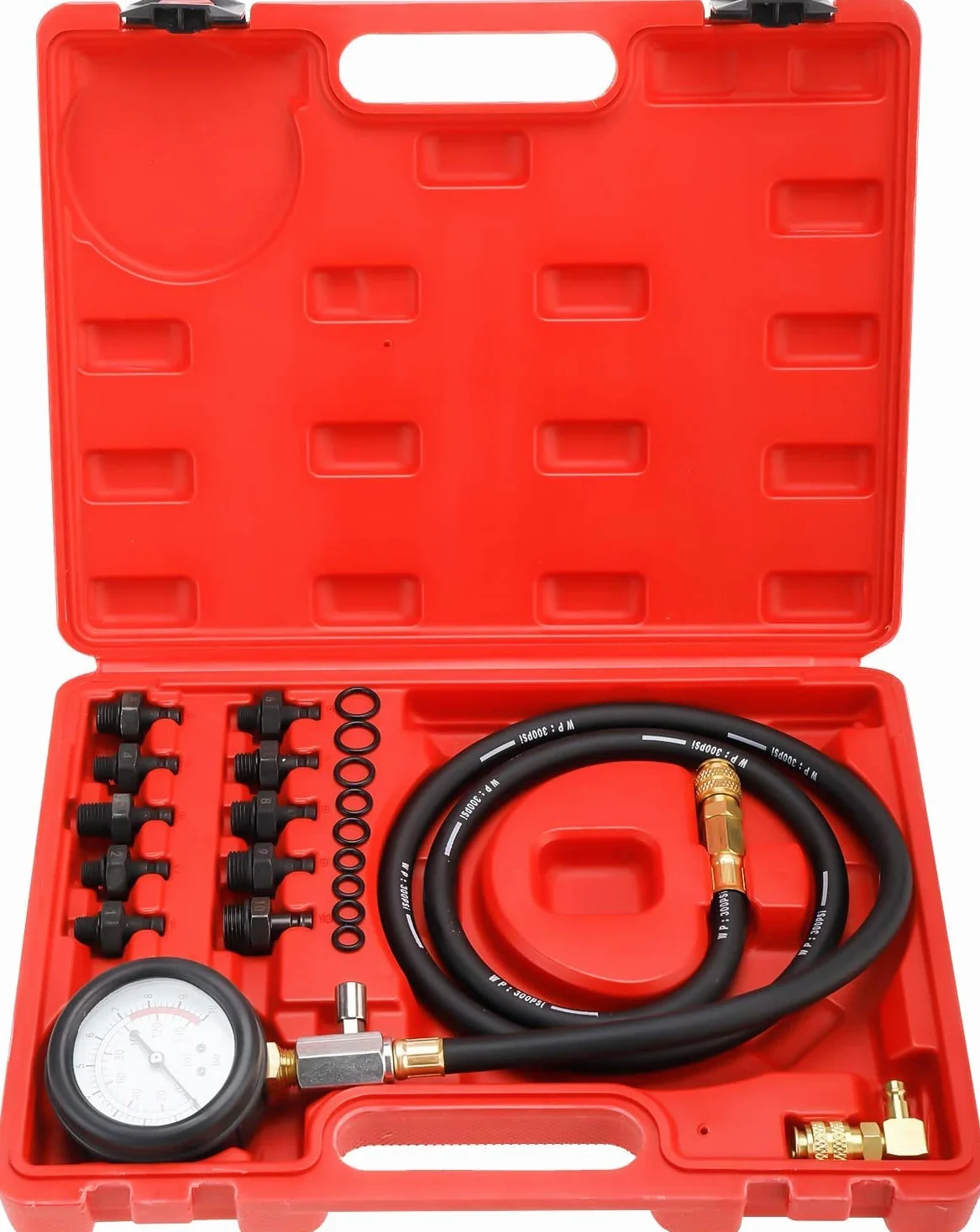 FreeTec Tester Pressione Olio, 0-140 PSI Manometro Pressione Olio Motore, Kit Misurazione Pressioni Oli, Attrezzo Prova Pressioni Oli Auto con Tubo e Adattatori per VW BMW Opel Ford Fiat (Rosso)