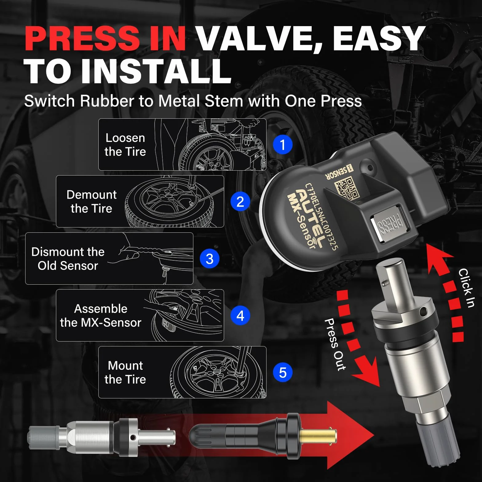 Autel TPMS Sensore MX-Sensor, Doppia Frequenza, Sensore TPMS per 98% Delle Auto, Funziona con TS408S TS508WF TS601 TS501 Pro, 100% Sensore TPMS Programmabile e Clonabile (Valvola in Metallo, 4 Pezzi)