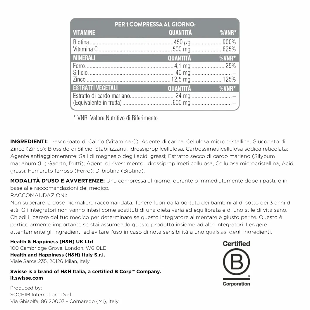 SWISSE Capelli Pelle Unghie Integratori 60 Compresse - Vitamina C Biotina Cardo Mariano Zinco