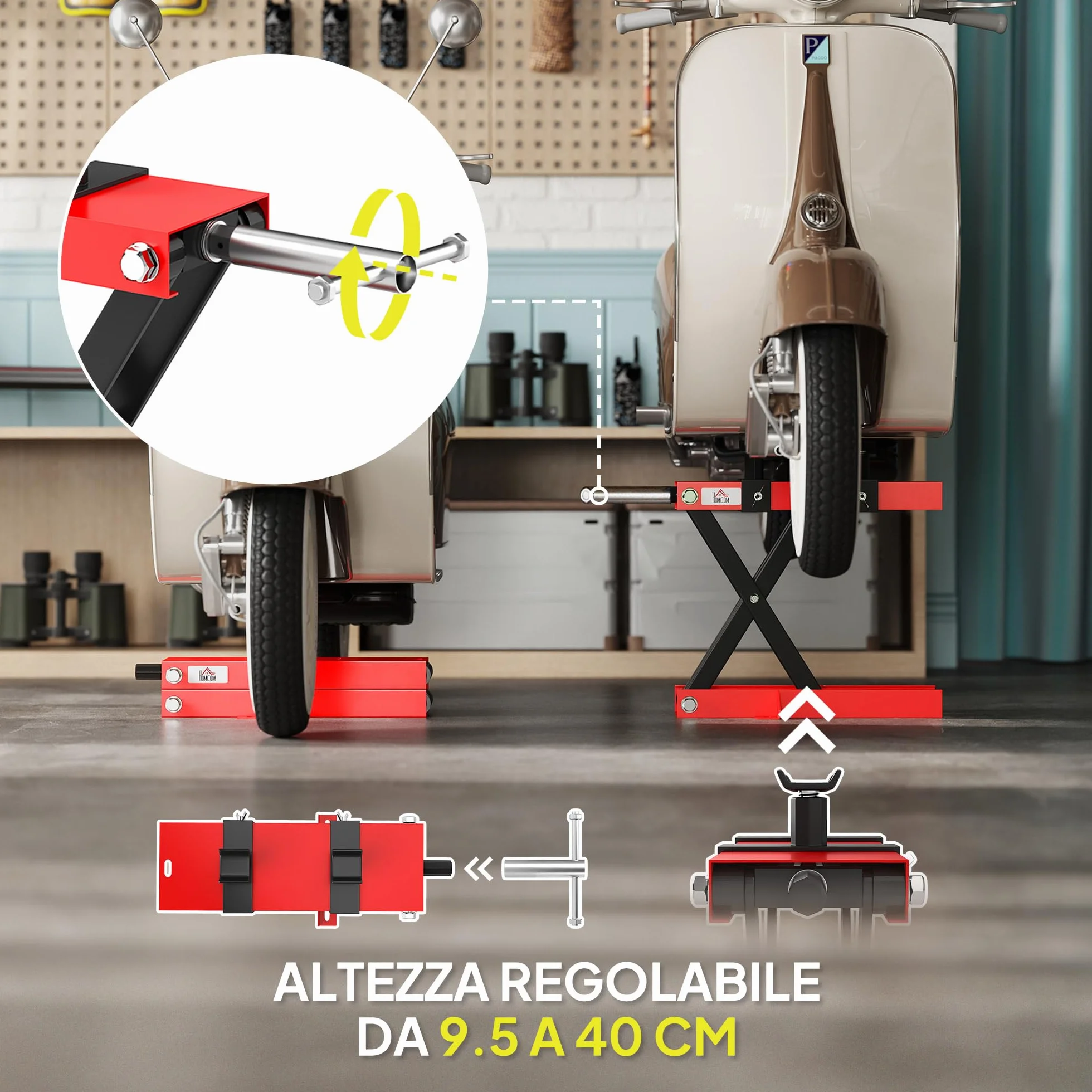 HOMCOM Sollevatore Moto in Acciaio Max 500kg, Cavalletto Alzamoto Pieghevole con Altezza Regolabile 9.5-40 cm e Manovella, Piattaforma da 45x15 cm, Rosso