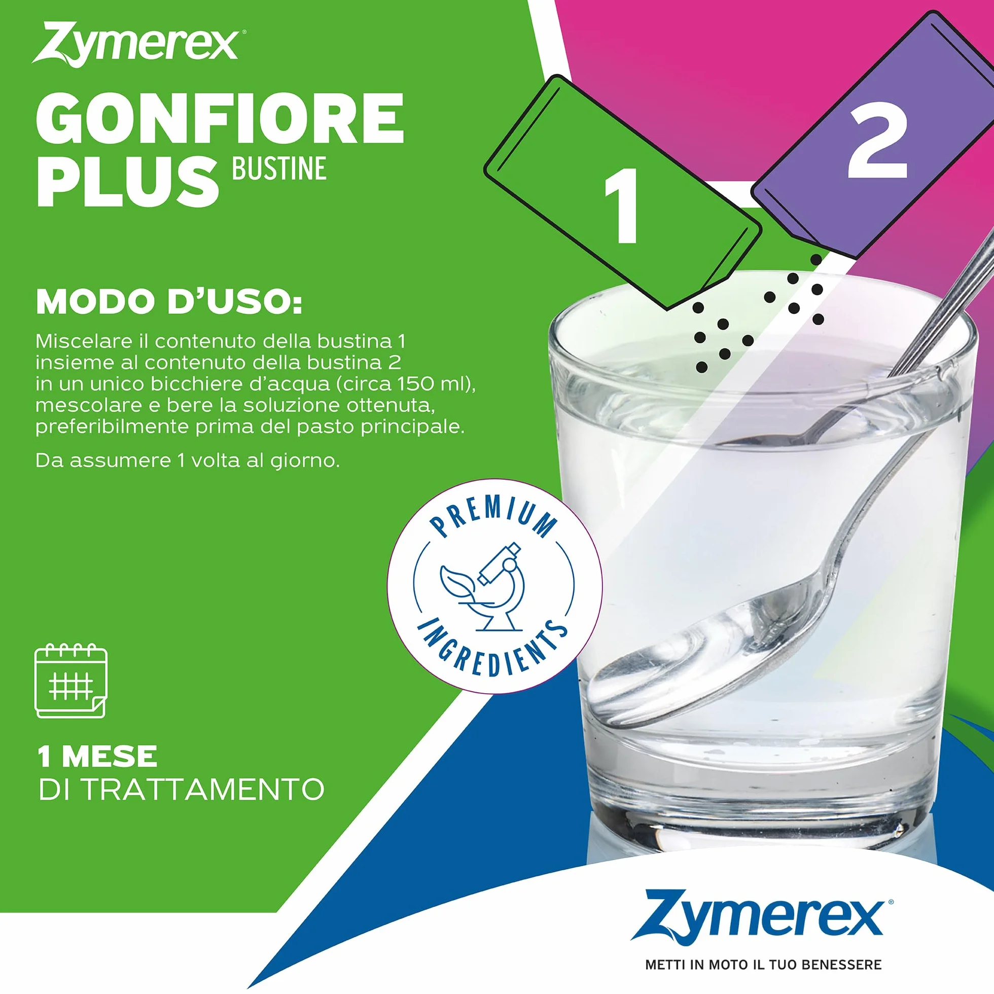 Zymerex Gonfiore Plus 14+14 bustine Probiotici Prebiotici Equilibrio Flora Intestinale Metabolismo Carboidrati Senza Glutine Lattosio Zuccheri