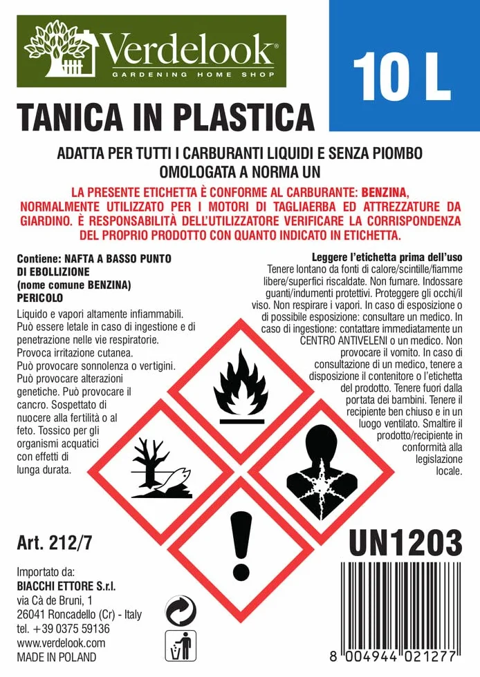 Verdelook Tanica Plastica Rossa Carburante 10 Litri Boccaglio