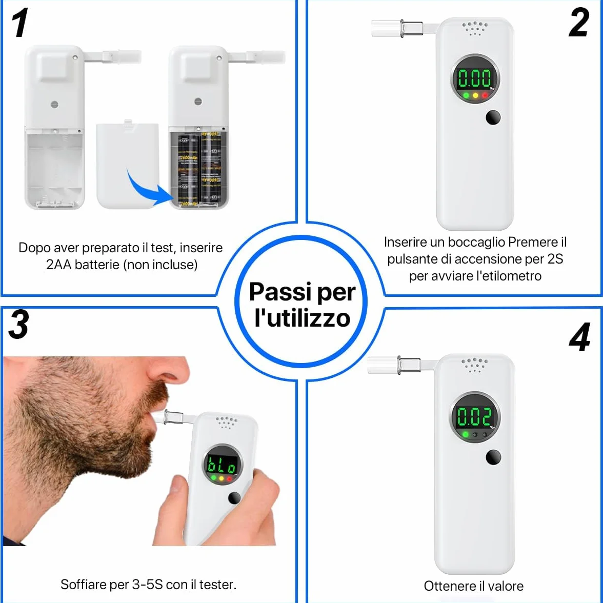 Etilometro Portatile Certificato, Alcol Test con Display LCD a Colori Digitali, Etilometro per Uso Domestico e Professionale, Codice Della Strada, Tester di Alcol con Bocchetti di 10 Pezzi (Bianco)