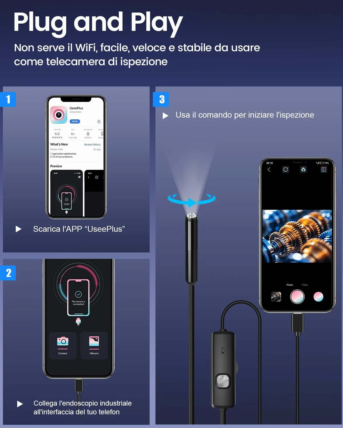 Endoscopio per Smartphone 1920P HD Boroscopio Digitale Industriale Sonda Telecamera con 8 LED IP67 5m