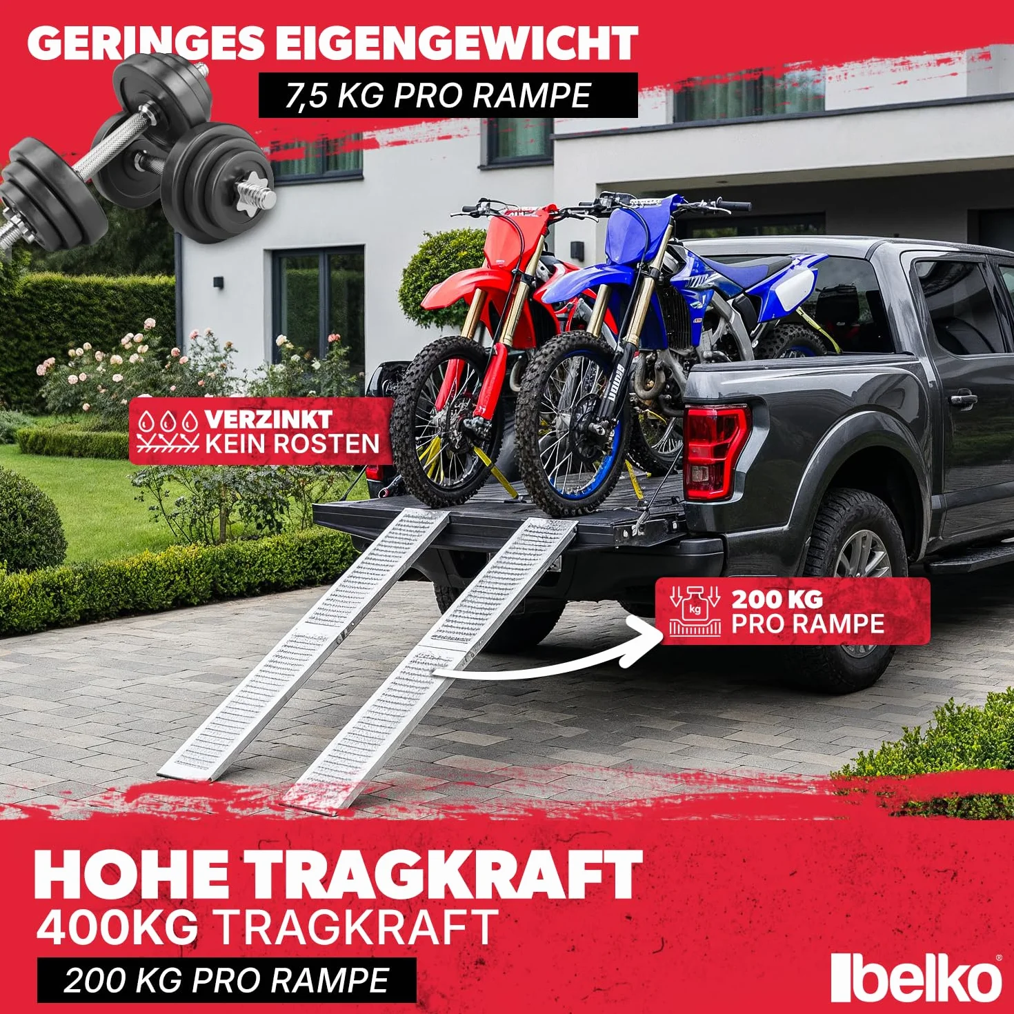 Belko® 2 rampe di carico pieghevoli, portata 400 kg, 168 x 23 cm, pieghevoli, in acciaio zincato, antiscivolo, perforate, per auto, moto, quad, ATV, rimorchio, rampa di carico