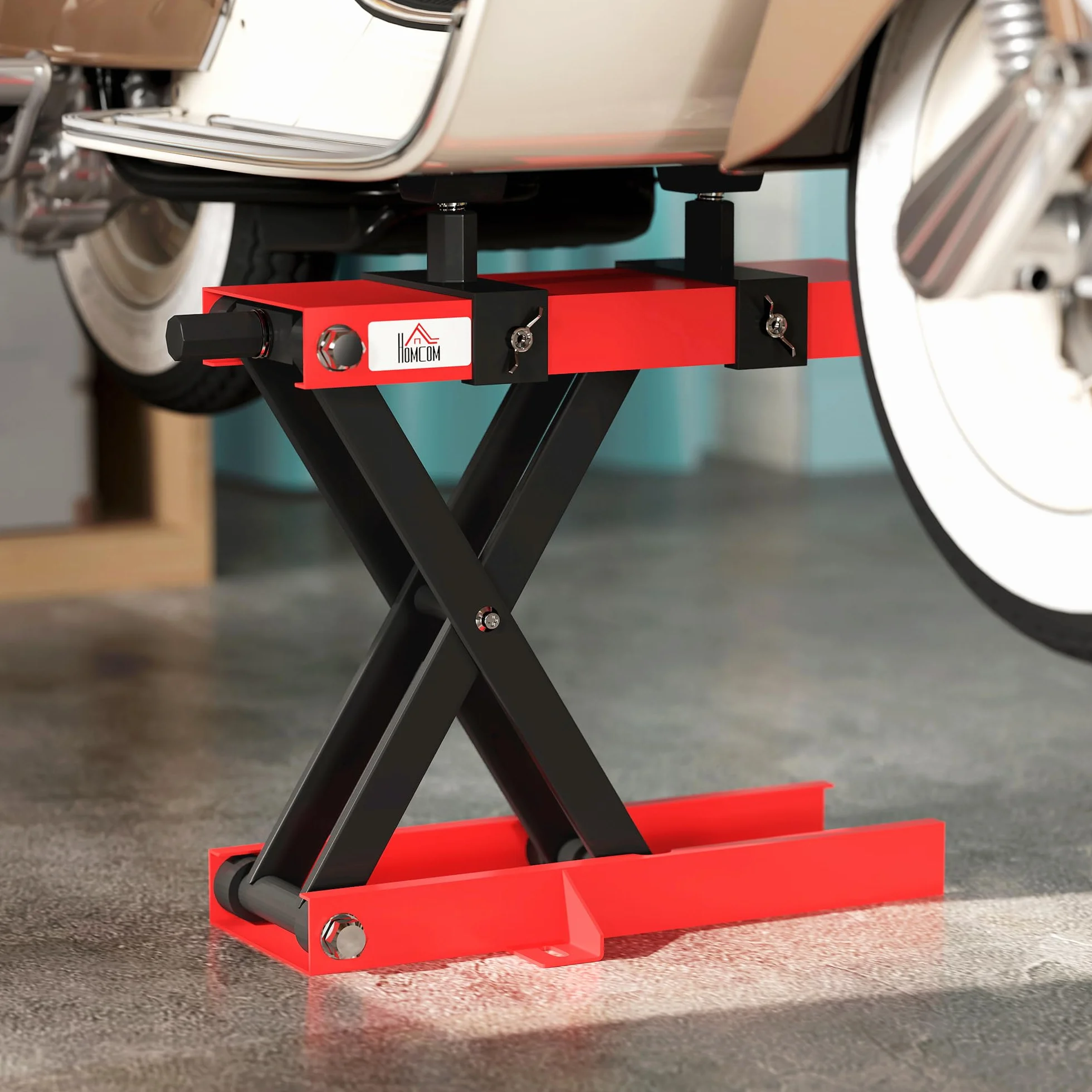 HOMCOM Sollevatore Moto in Acciaio Max 500kg, Cavalletto Alzamoto Pieghevole con Altezza Regolabile 9.5-40 cm e Manovella, Piattaforma da 45x15 cm, Rosso