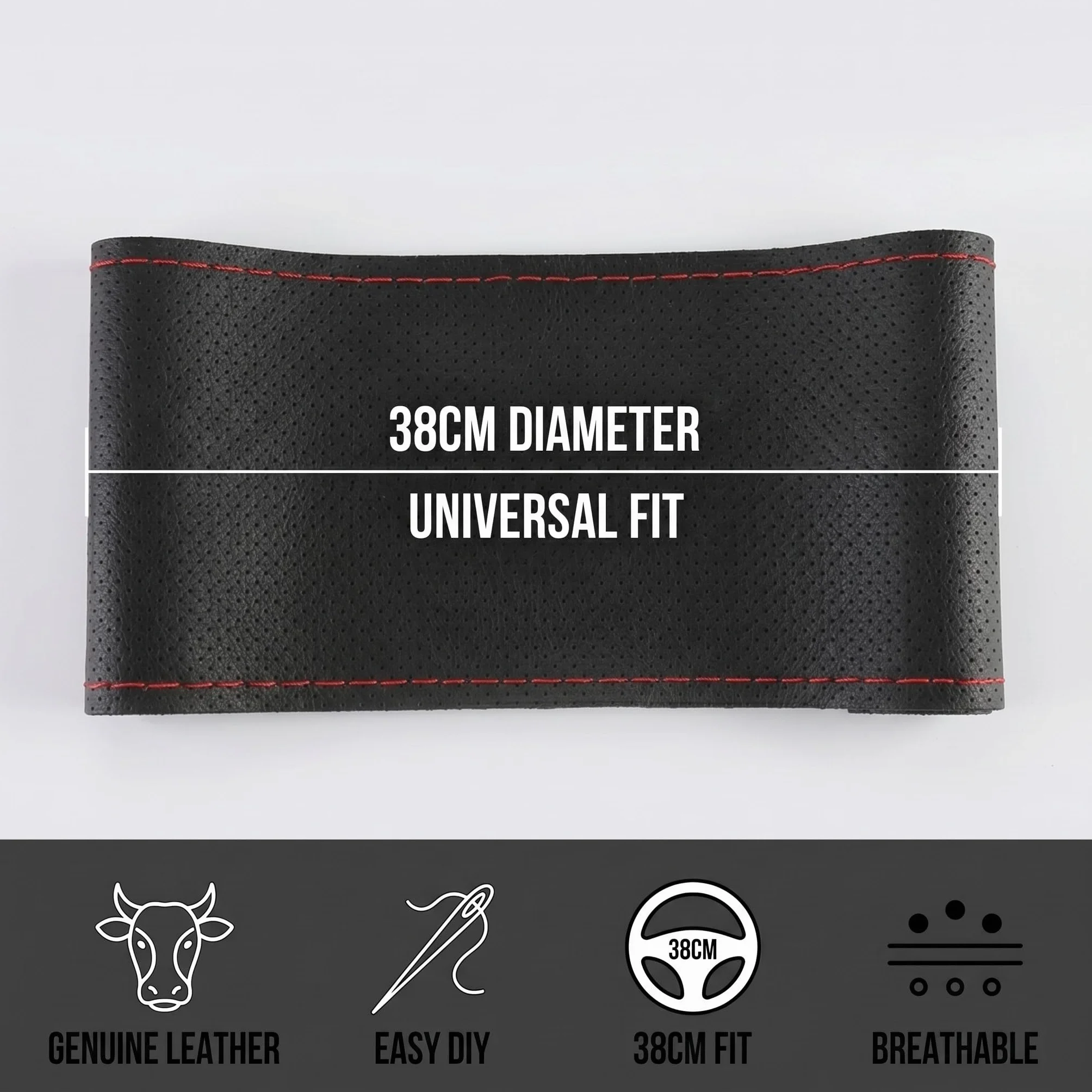 Coprivolante Auto in Pelle da Cucire, Foderatura per Sterzo 38cm con Perforazione Completa e Cucitura Rossa, Kit di Installazione Fai-da-Te per Guida Comoda e Sicura