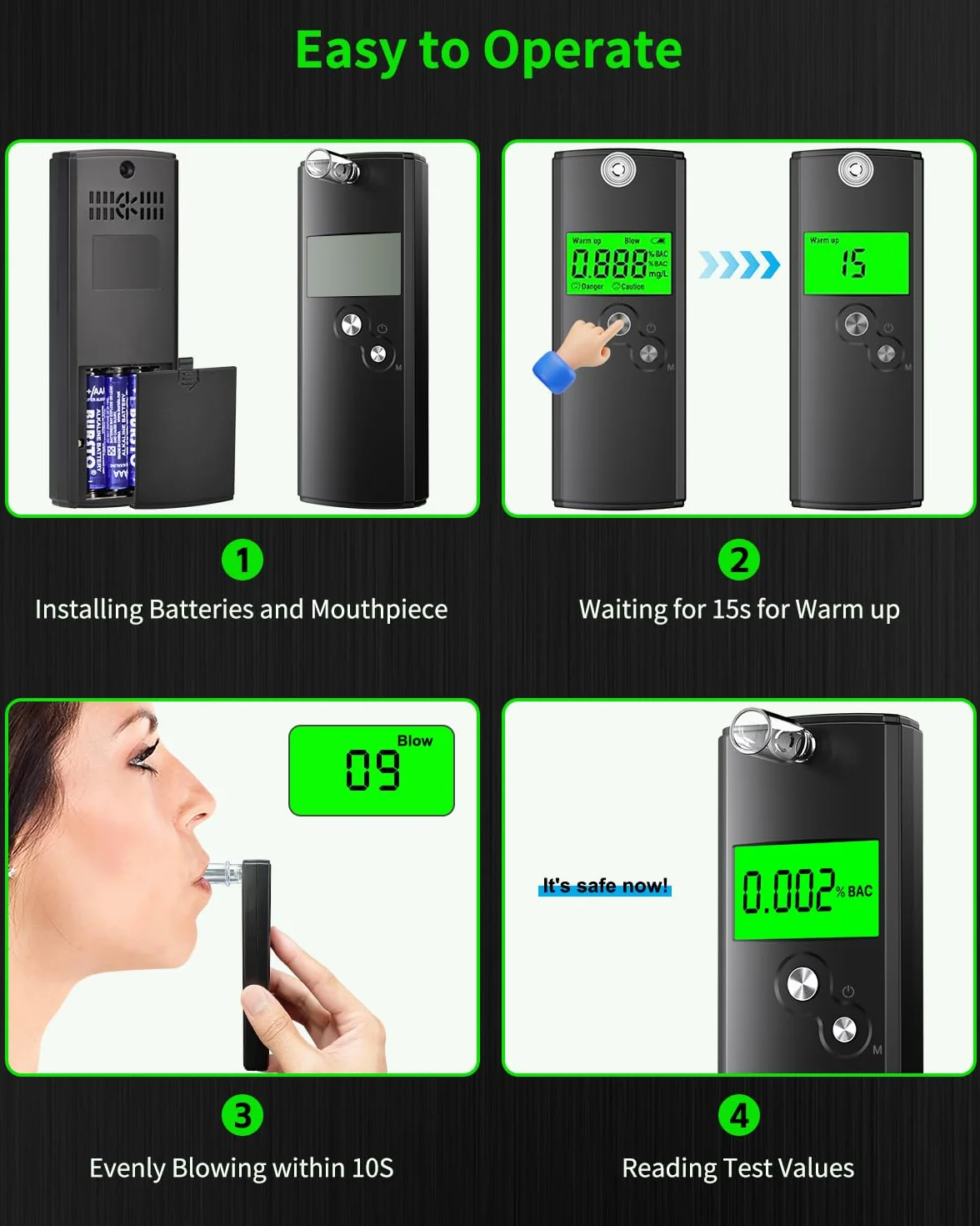 Etilometro Portatile Certificato, Alcolometro ad Alta Precisione con 10 Bocchini, Alcol Test Professionale con Display LCD Digitale, Test Alcolemico Portatile (Nero)