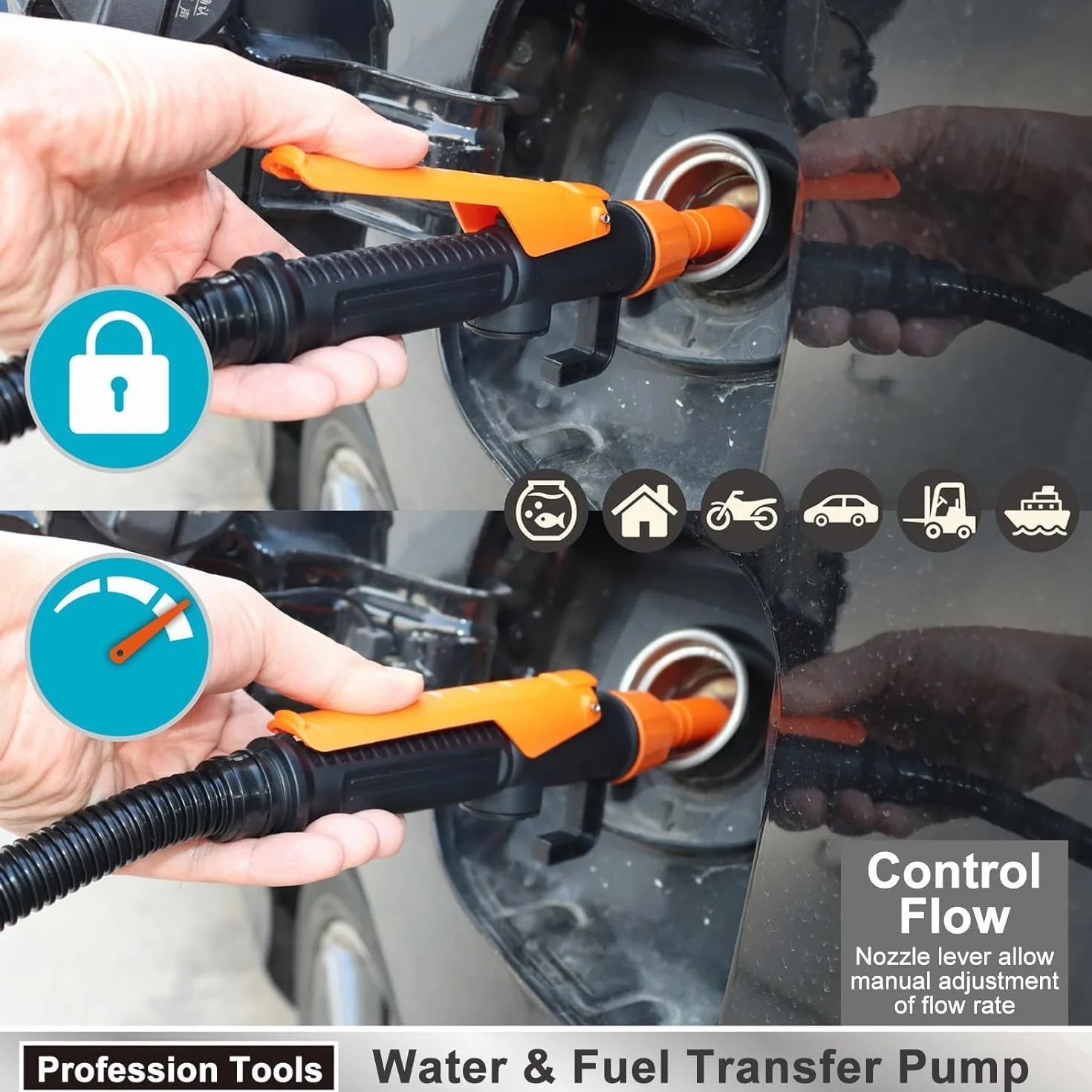 Pompa di trasferimento del carburante a batteria alimentata,Pompe di trasferimento a batteria con ugello di arresto rapido,Pompa di trasferimento acqua e carburante per benzina, gasolio, gas, acqua