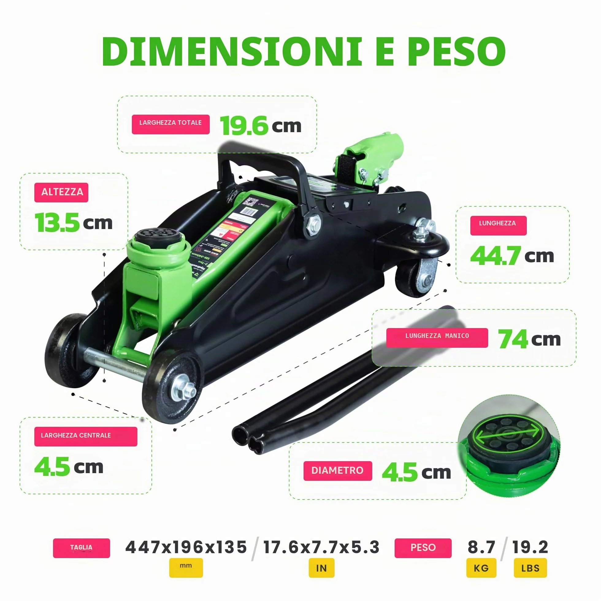 Martinetto idraulico a carrello 2 tonnellate con valigetta, intervallo sollevamento 13,5-34 cm per auto SUV