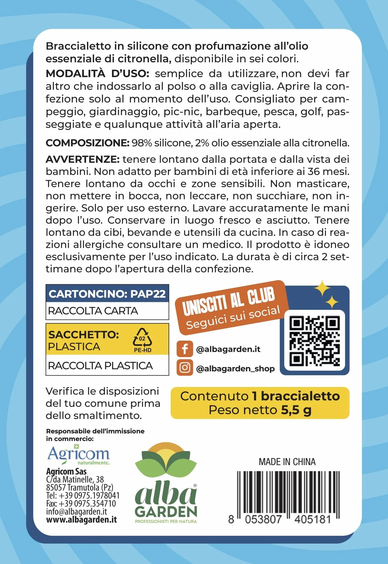 Albagarden Braccialetto Antizanzare alla Citronella Silicone Profumato con Olio Essenziale Naturale