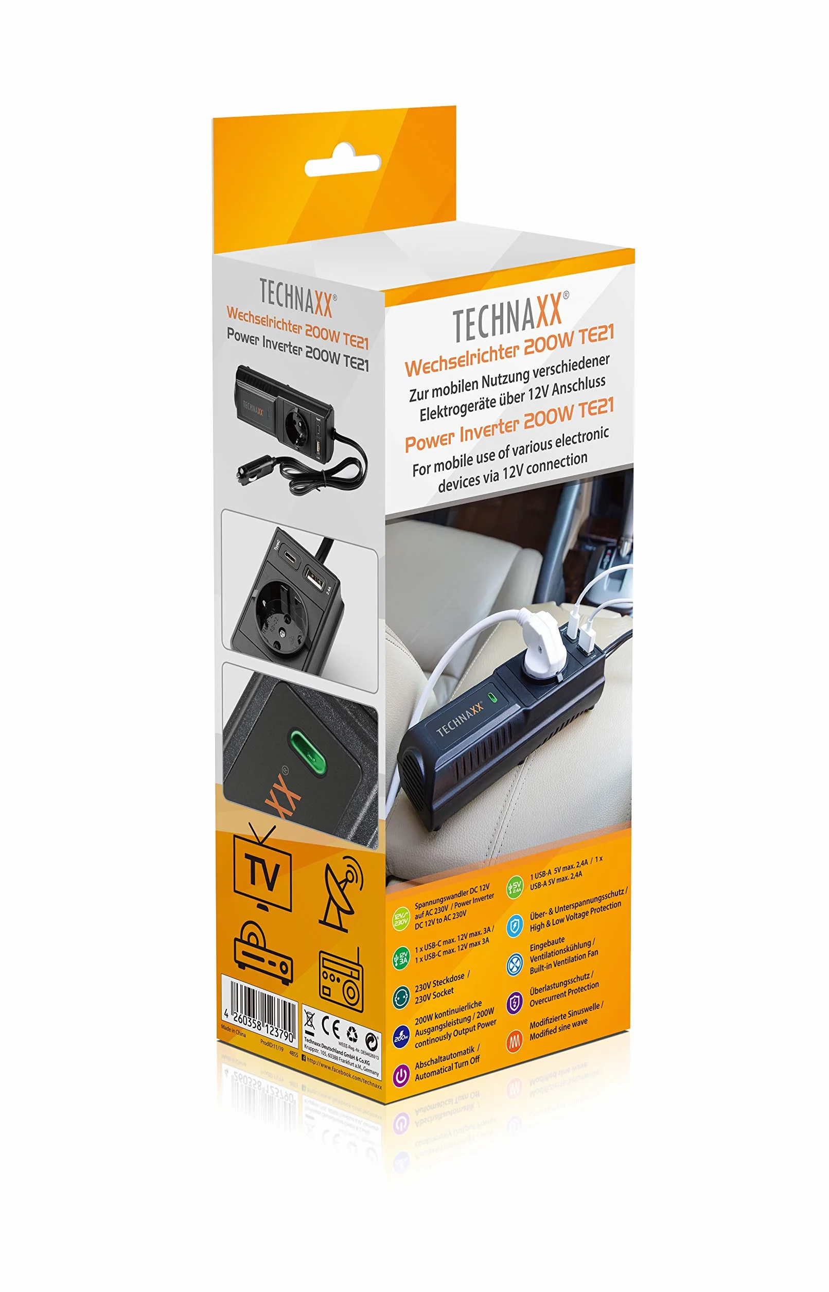 Technaxx Invertitore Potenza Auto 200W Convertitore Tensione 12V 230V USB Schuko TE21