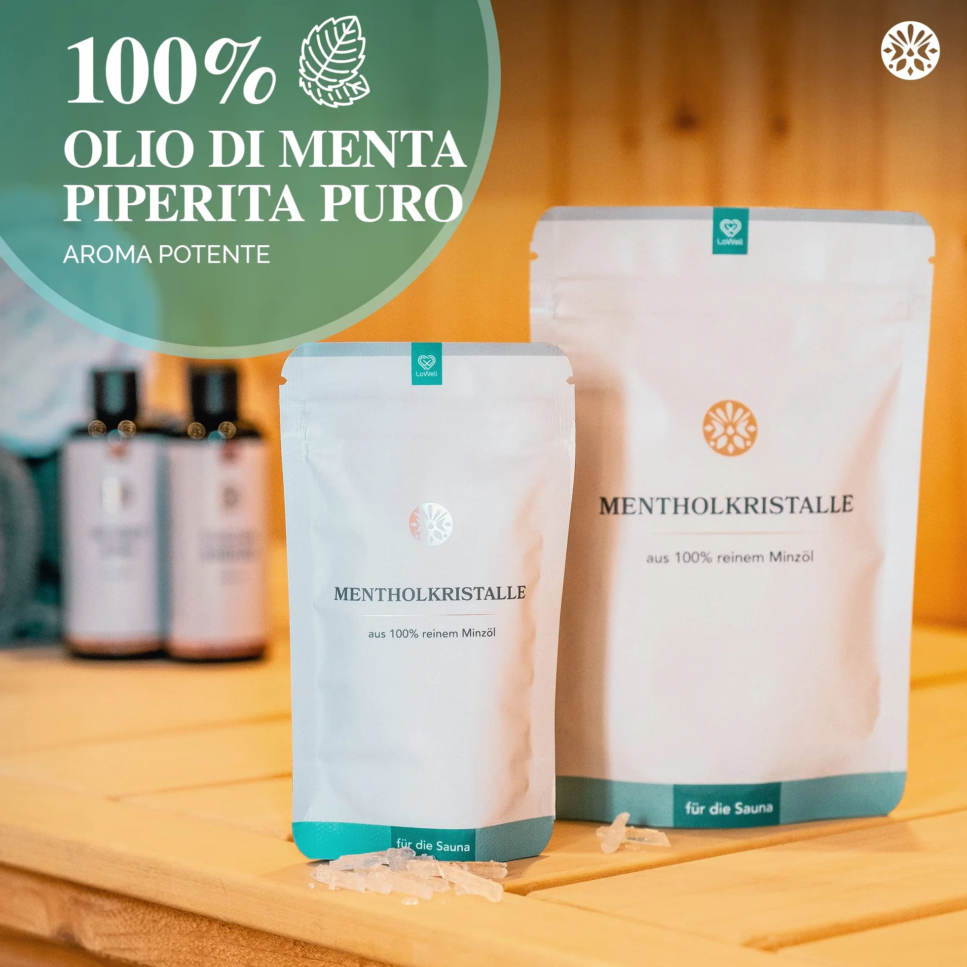 LoWell Cristalli di mentolo 100g menta pura infuso per sauna sacchetti richiudibili