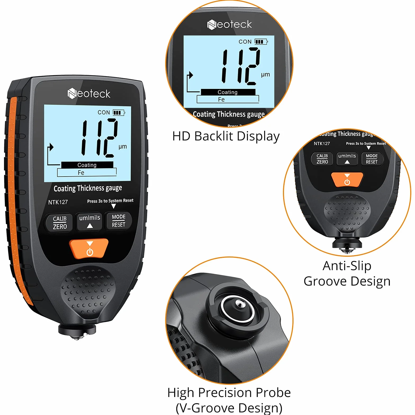 Neoteck Spessimetro per Vernice Auto Digitale 0-1500um Handheld LCD Misuratore di Spessore del Rivestimento Set Tester di Spessore della Vernice per Auto di Metallo Sonda Fe NFe - Arancione