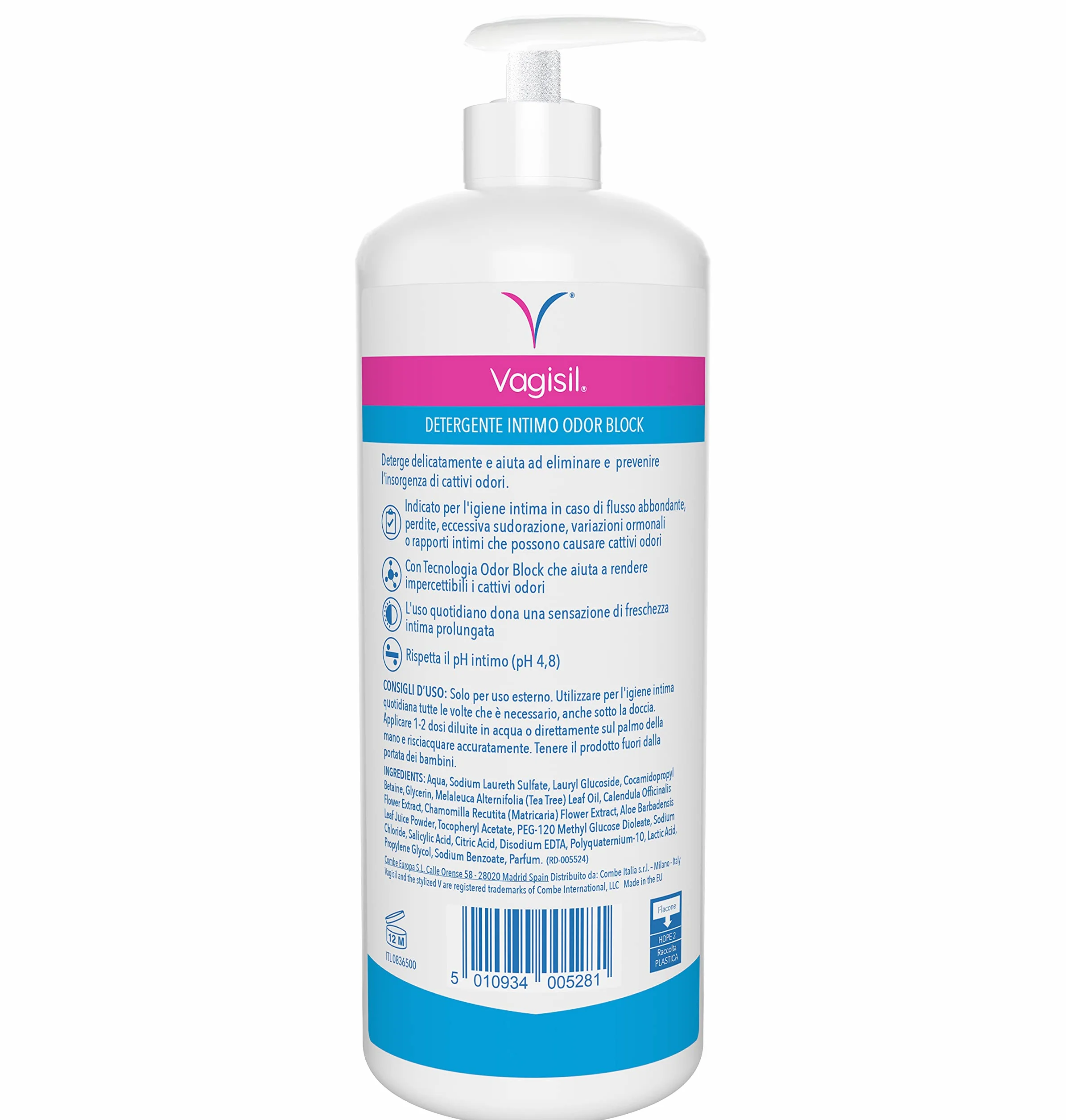 Vagisil Detergente Intimo Rinfrescante Donna Odor Block, Igiene Intima Quotidiana, Freschezza Quotidiana, Aloe Vera, 500 ml