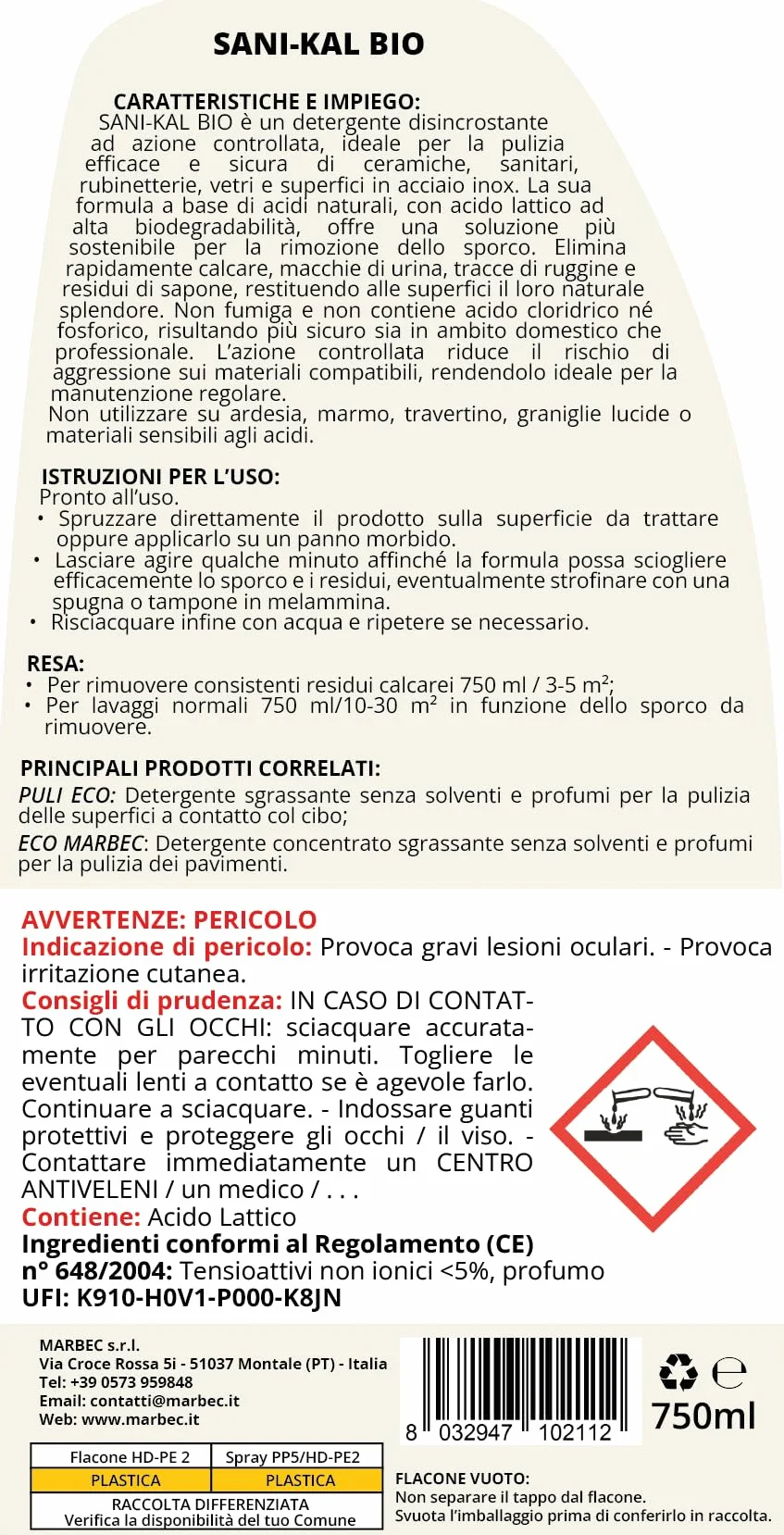 MARBEC SANI-KAL BIO 750ML Detergente anticalcare delicato per bagno