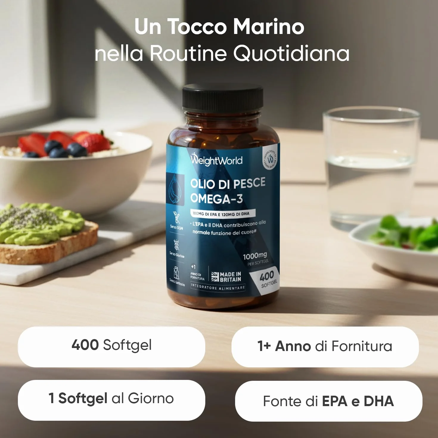 Omega 3 Olio di Pesce 1000mg EPA DHA 400 Softgel Acidi Grassi Essenziali