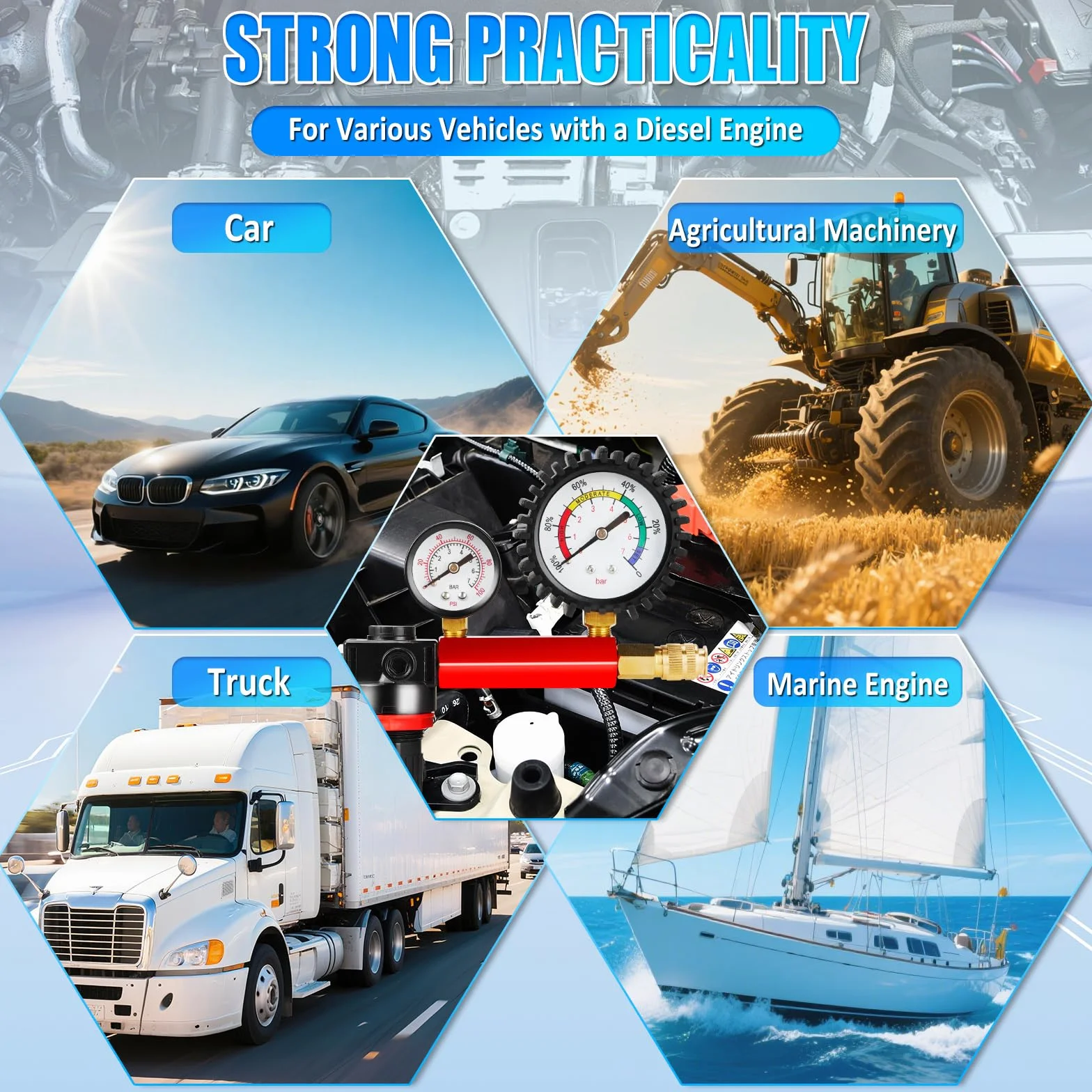 D-Lumina Tester di Compressione Professionale da 46 Pezzi, Tester di Perdita di Pressione per Motori Diesel e Benzina con Adattatore per La Maggior Parte dei Motori di Auto, Camion, Agricoli e Marini.
