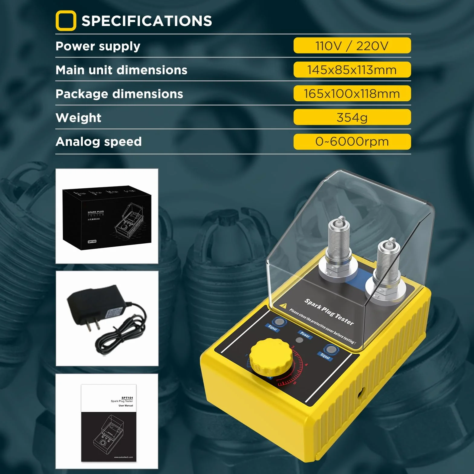 BELEY Tester per Candele Automobilistiche a Doppio Foro, Strumento Tester per Bobine di Accensione a Frequenza Regolabile 0-6000 giri/minuto, 12 V (Giallo)
