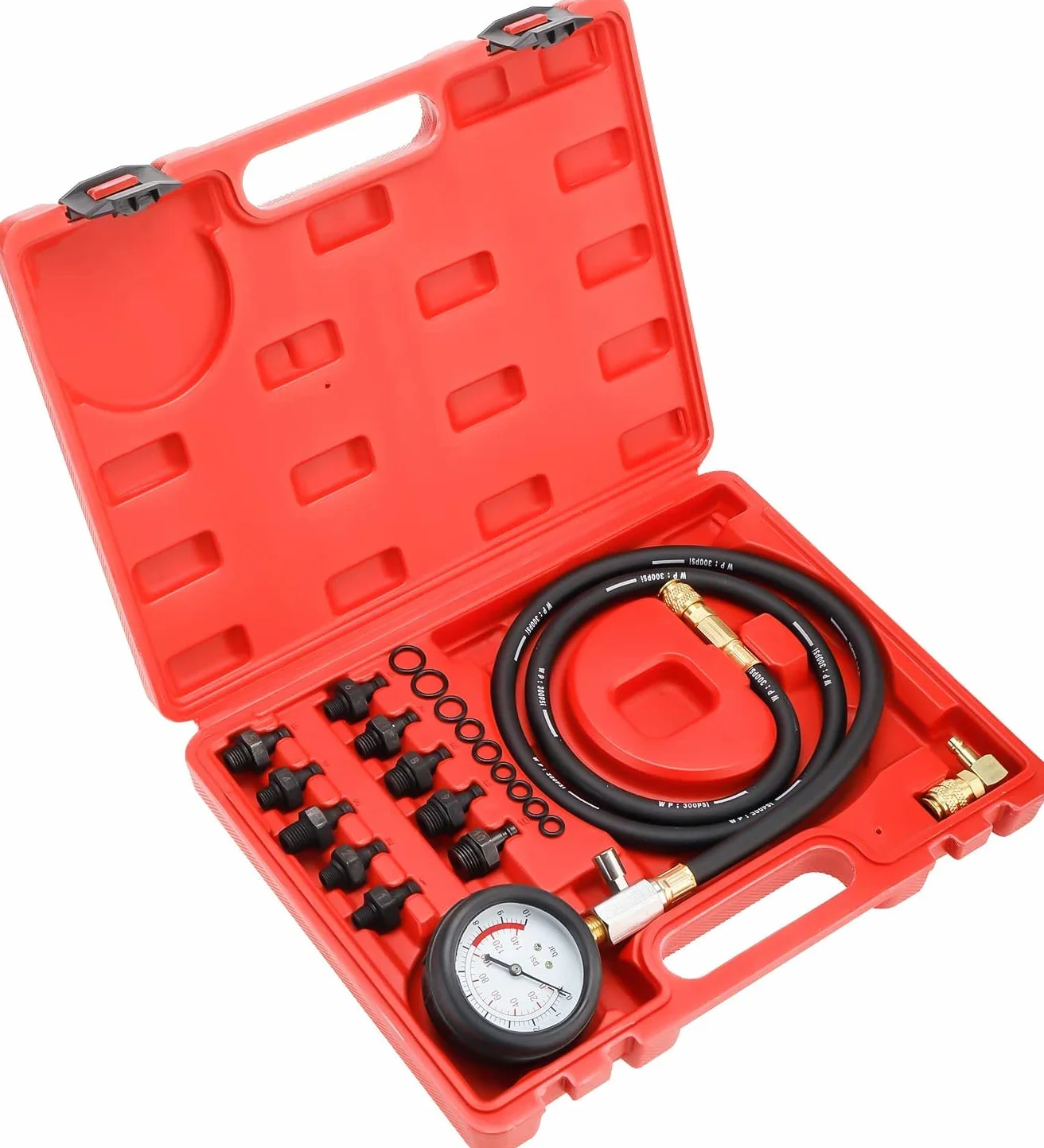 FreeTec Tester Pressione Olio, 0-140 PSI Manometro Pressione Olio Motore, Kit Misurazione Pressioni Oli, Attrezzo Prova Pressioni Oli Auto con Tubo e Adattatori per VW BMW Opel Ford Fiat (Rosso)