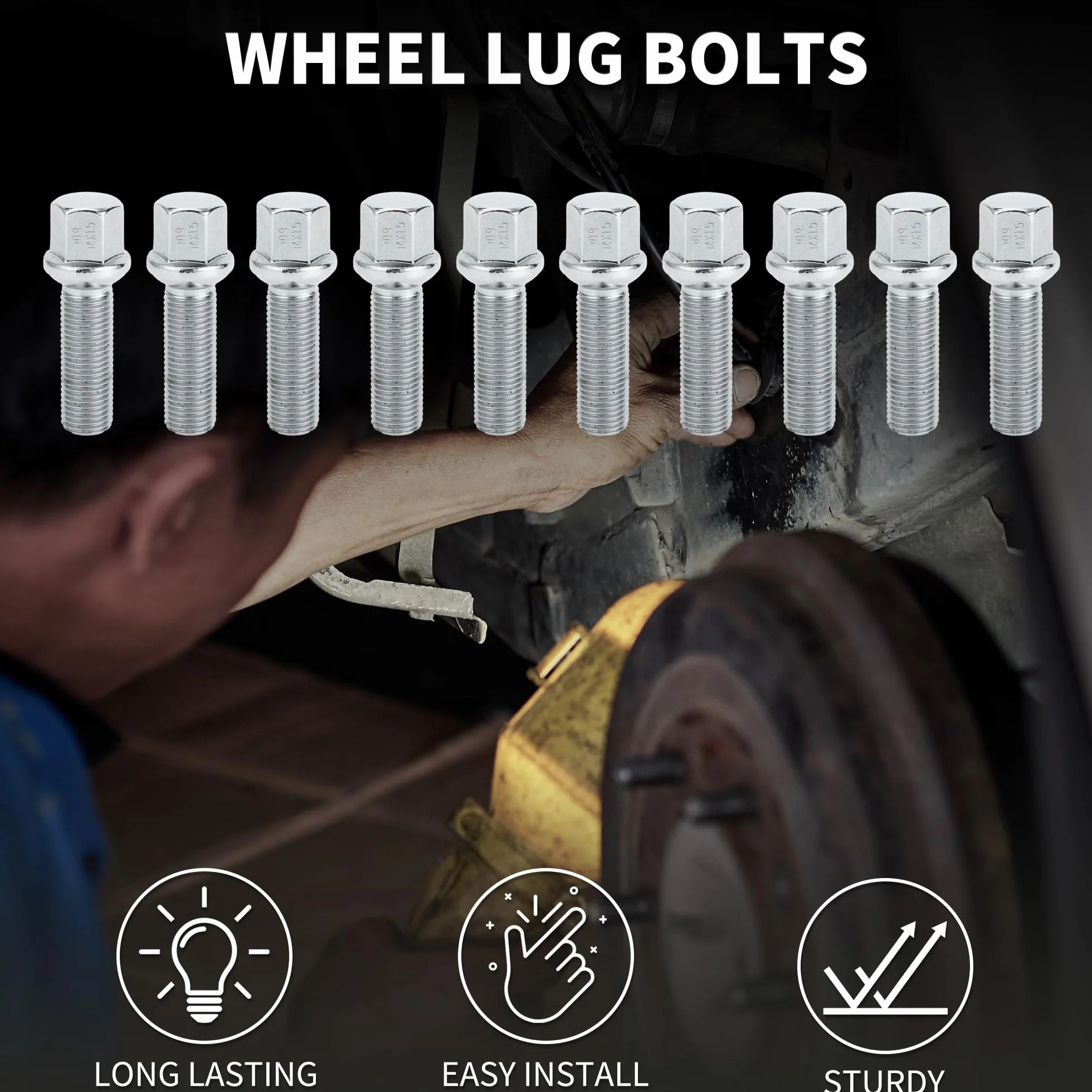 Bullone per Dado Ruota a Sfera M14x1.5mm per Volkswagen 19mm Esagono 40mm Lunghezza Asta Robusto | Bulloni Estesi Tono Argento 10 Pz