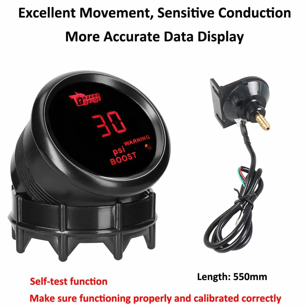 Manometro Turbo Boost 2" 52mm Indicatore Calibro per Auto Bar Luce Rosso Digitale Strumento Misuratore Pressione con Sensore