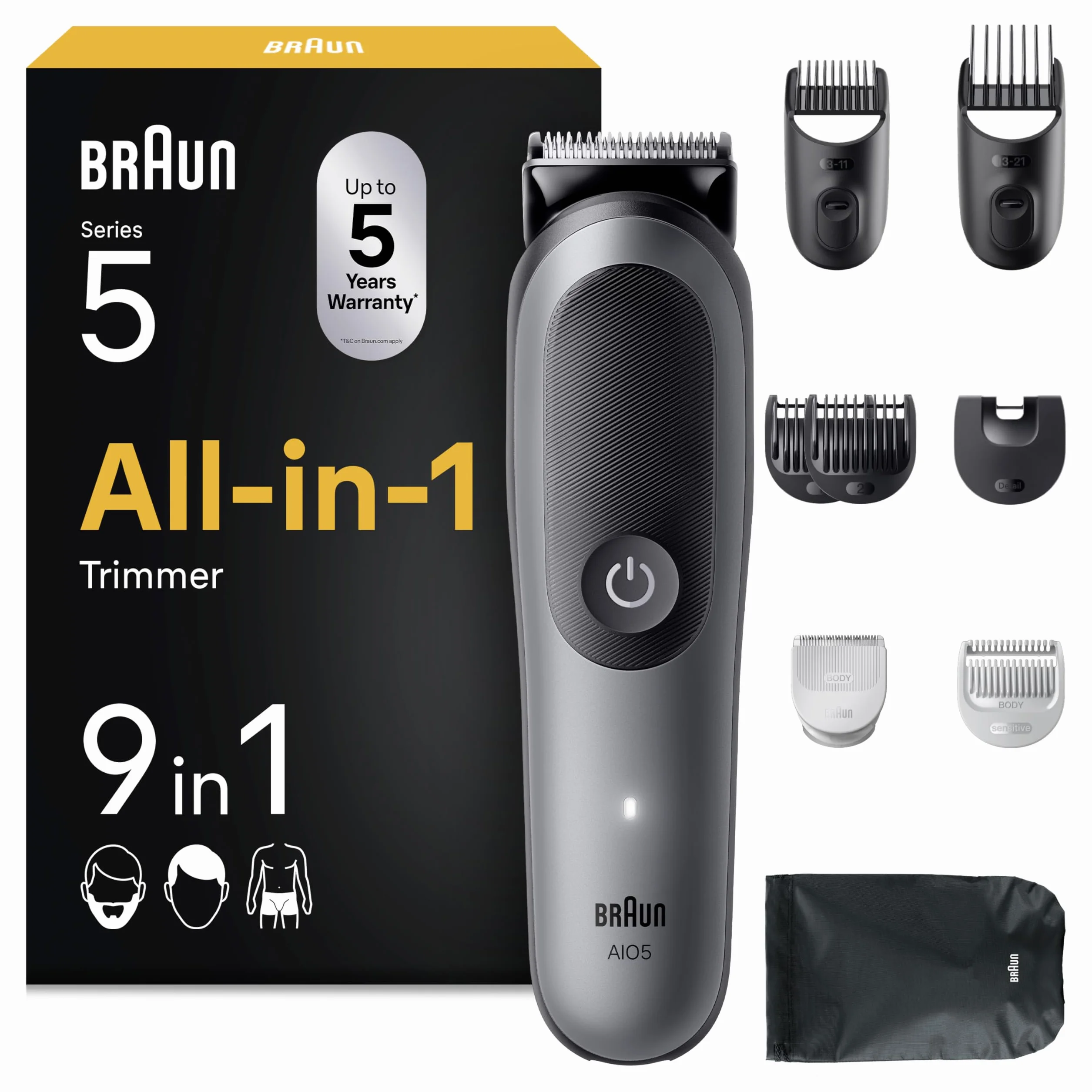Braun Series 5 All-in-One Rifinitore Rasoio Elettrico Uomo 9in1 Barba Capelli Lama Ultra Affilata Tecnologia Skinguard 120 Min Grigio