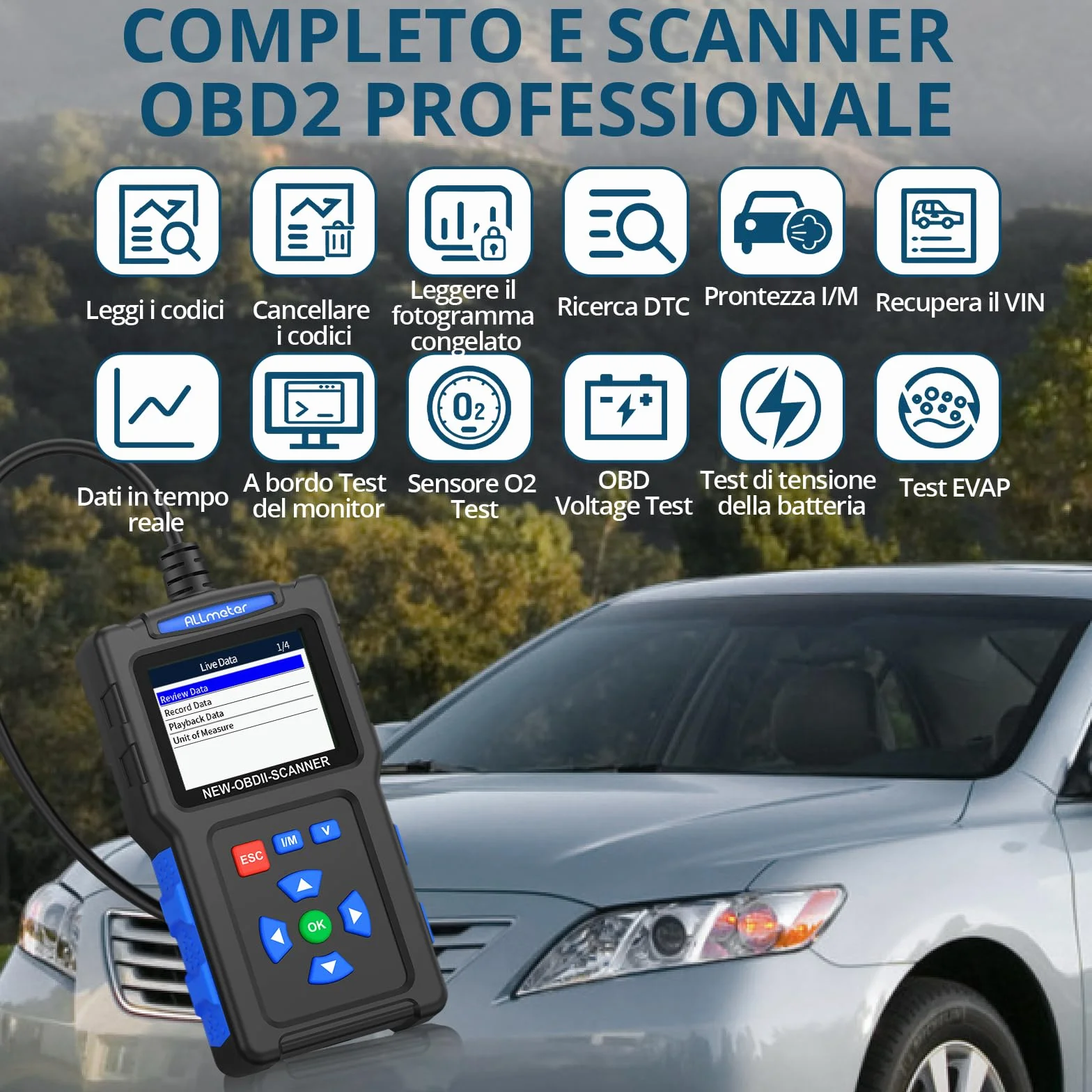 Scanner OBD2 Professionale - Lettore Codici Errore per Auto, Cancellazione Spia Motore, Compatibile OBD II dal 1996