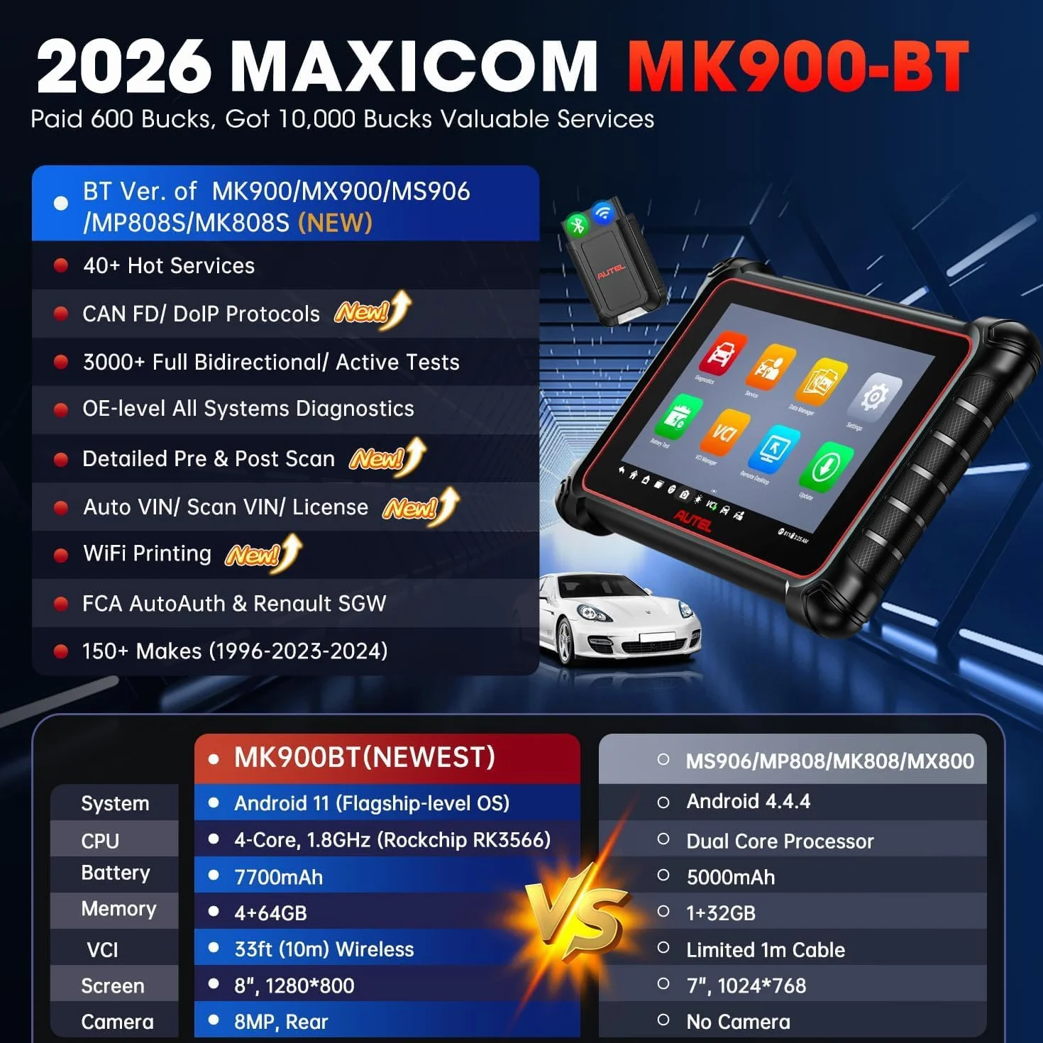Autel MaxiCOM MK900BT OBD2 Diagnostica 2026 MK900-BT Bidirezionale Scanner CANFD DOIP OS11