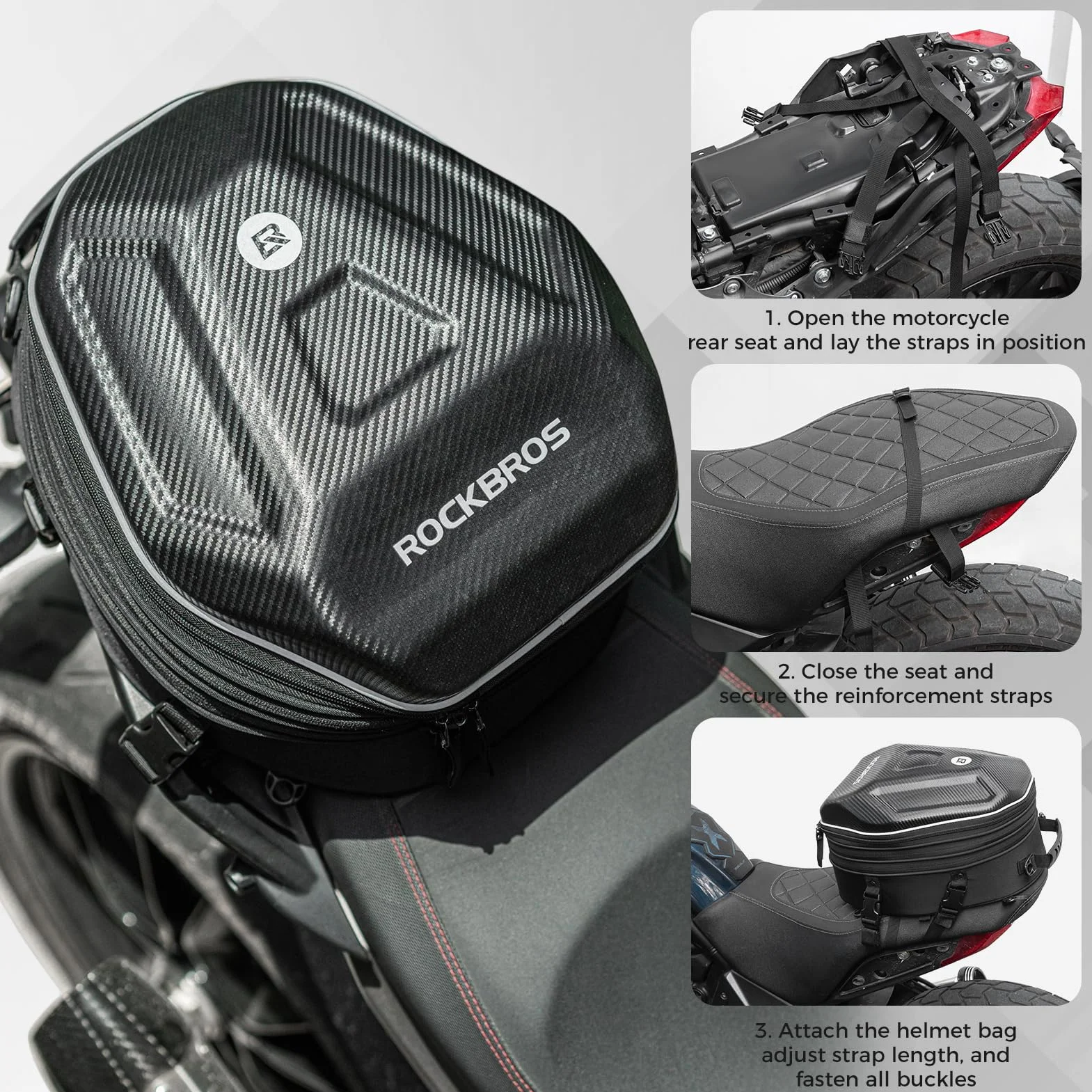 ROCKBROS Borsa Sella Posteriore Moto Zaino Guscio Rigido EVA Capacità Espandibile 20-35 L Copertura Antipioggia