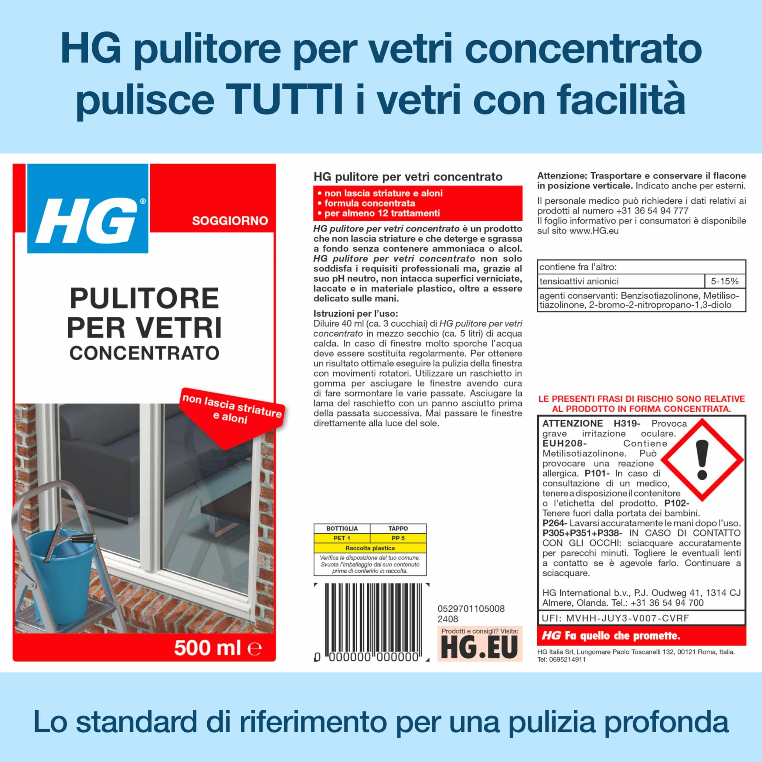 HG Detergente per Vetri Concentrato 500ml Lucentezza Senza Aloni