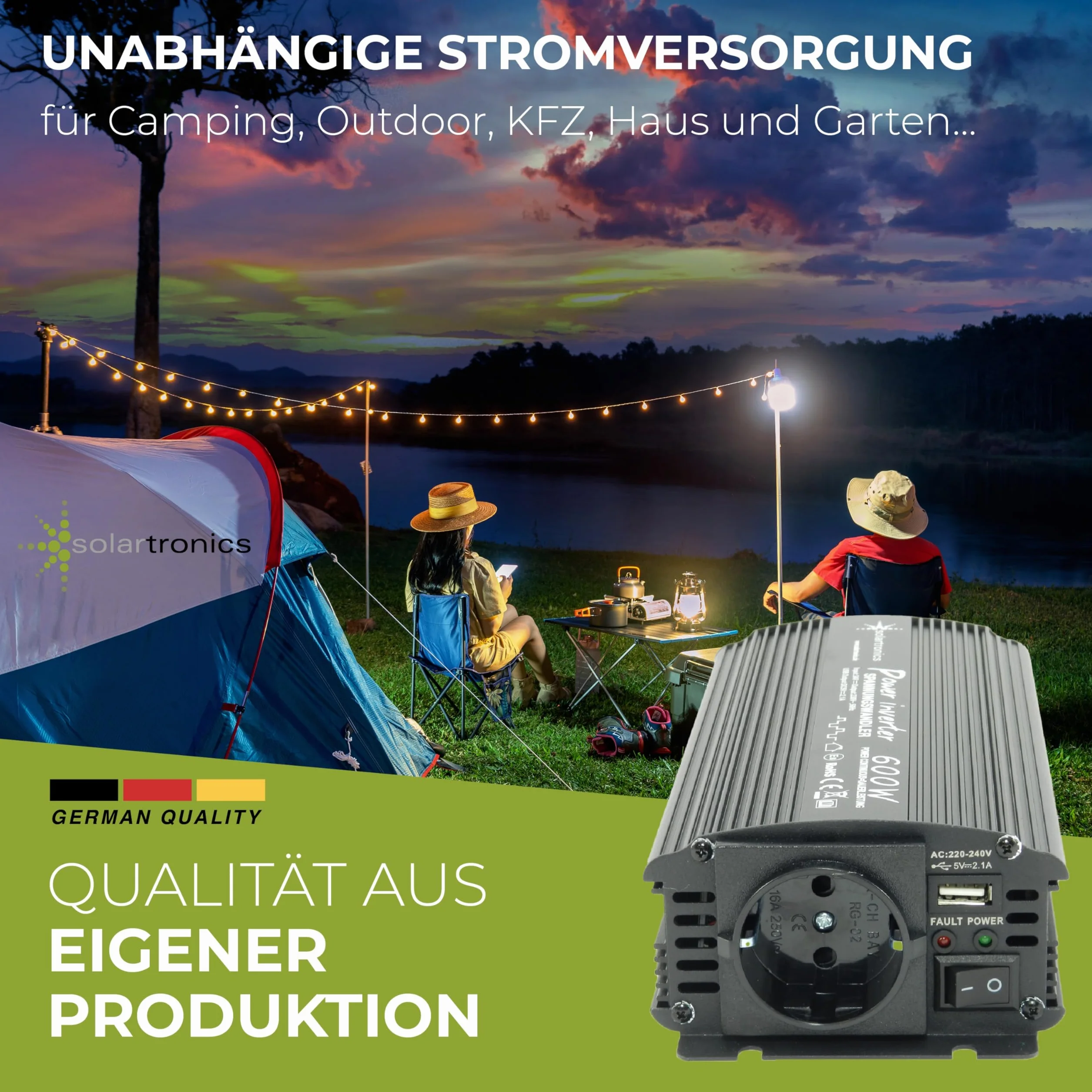 SOLARTRONICS Trasformatore di tensione NM600, 12 V, 600 W, 1200 Watt, inverter da 12 V a 230 V, compatibile con batteria LiFePO4
