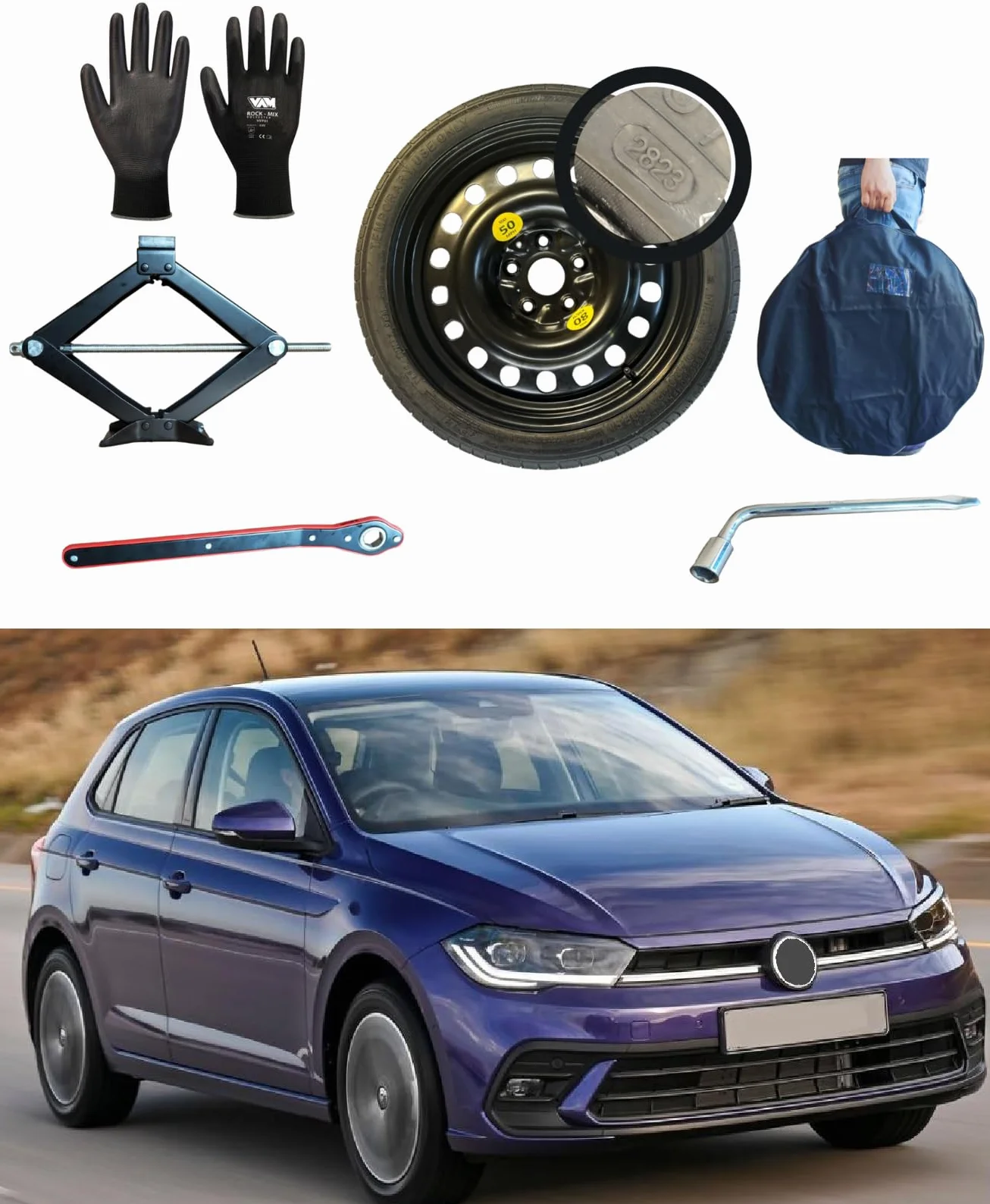 Kit Ruotino di Scorta 16" compatibile Volkswagen Polo V/VI Cric Chiave Guanti Sacca