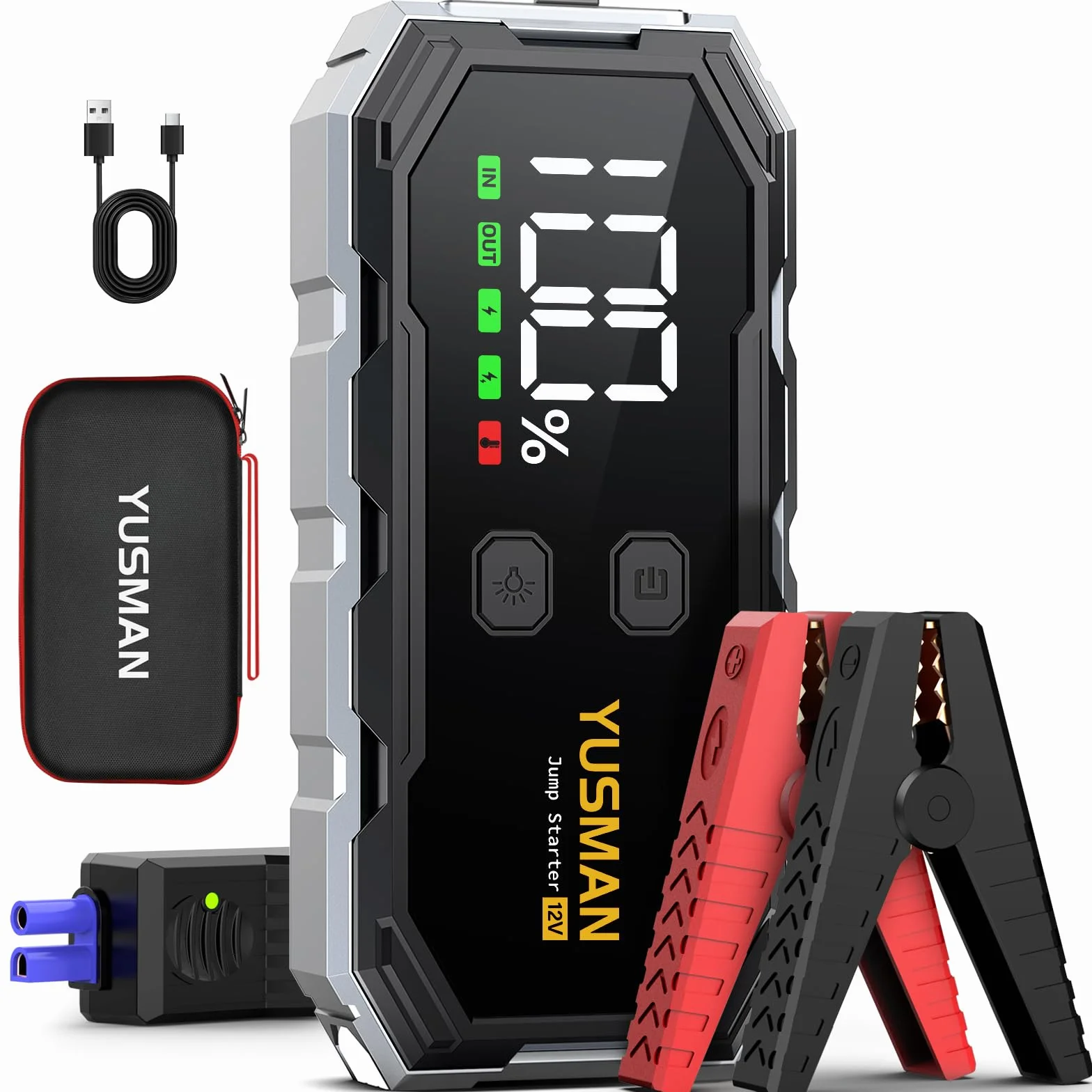 YUSMAN Avviatore Batteria Auto 9000A, 12V Booster Avviamento Portatile per Auto fino a 10.0L, Jump Starter con Cavi Intelligenti, Power Bank USB-C