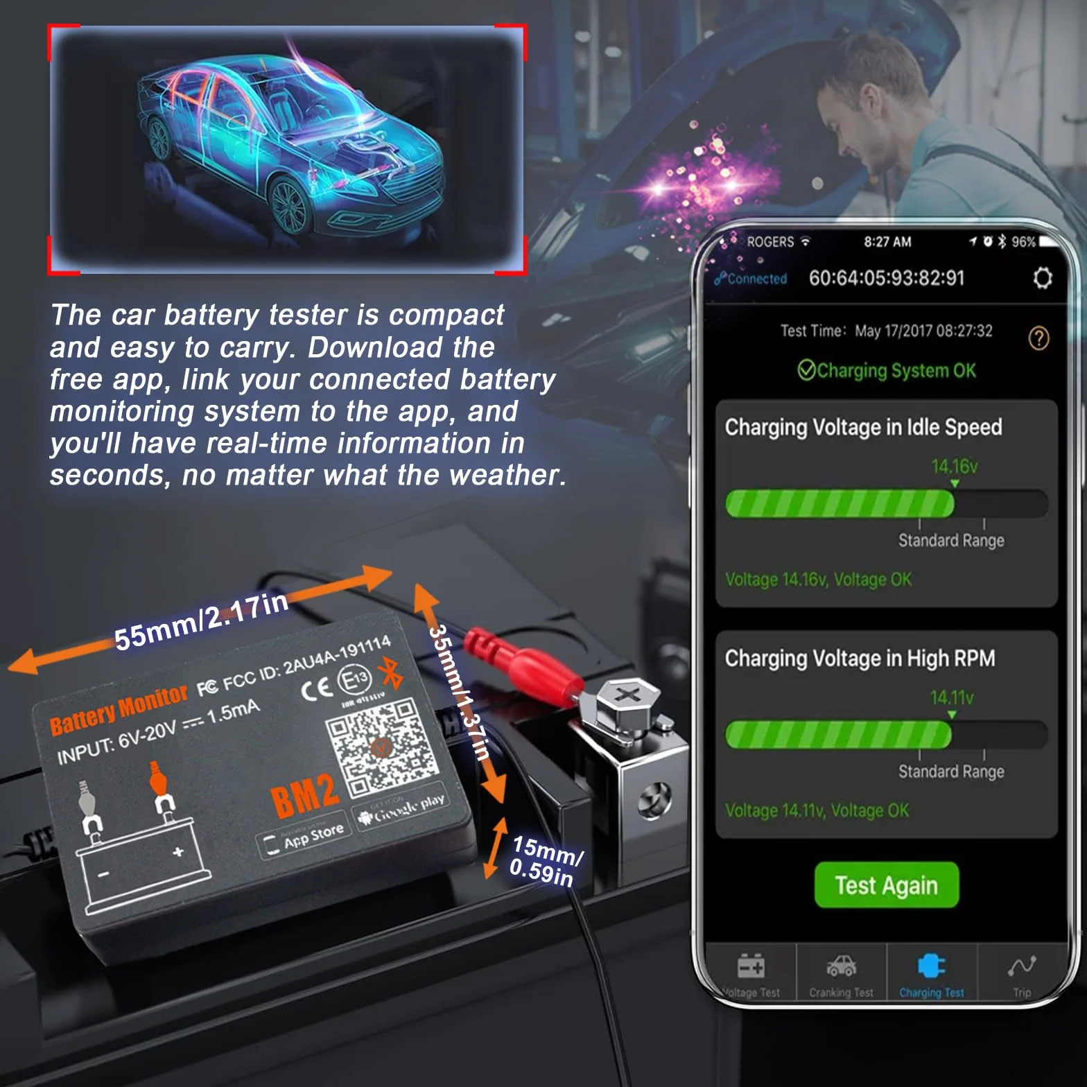 Monitor Batteria Bluetooth 4.0 Wireless Battery Tester, Car Charging Start e Alarm System Monitor Analizzatore Batteria Digitale Adatto a 12V Sistemi Solari Moto Barche Auto Compatibili Android iOS