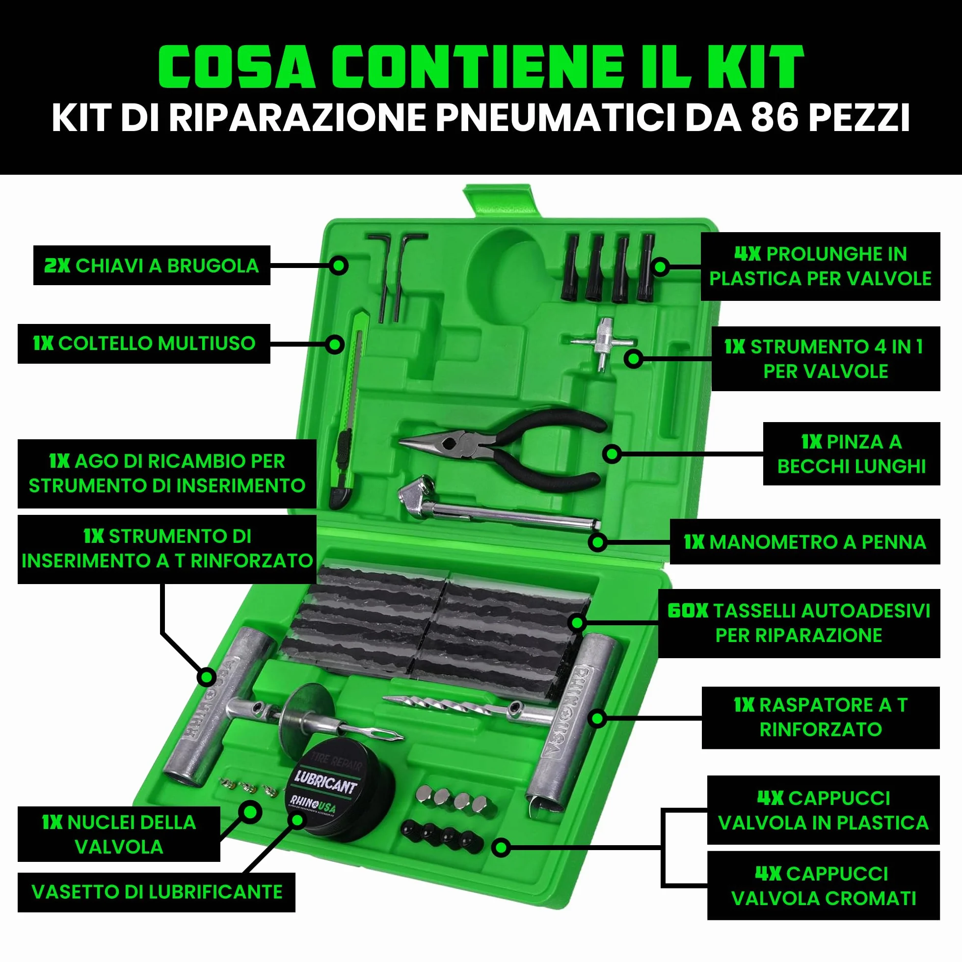 Rhino USA Kit di Riparazione Pneumatici 86 Pezzi per auto moto ATV UTV camper rimorchio