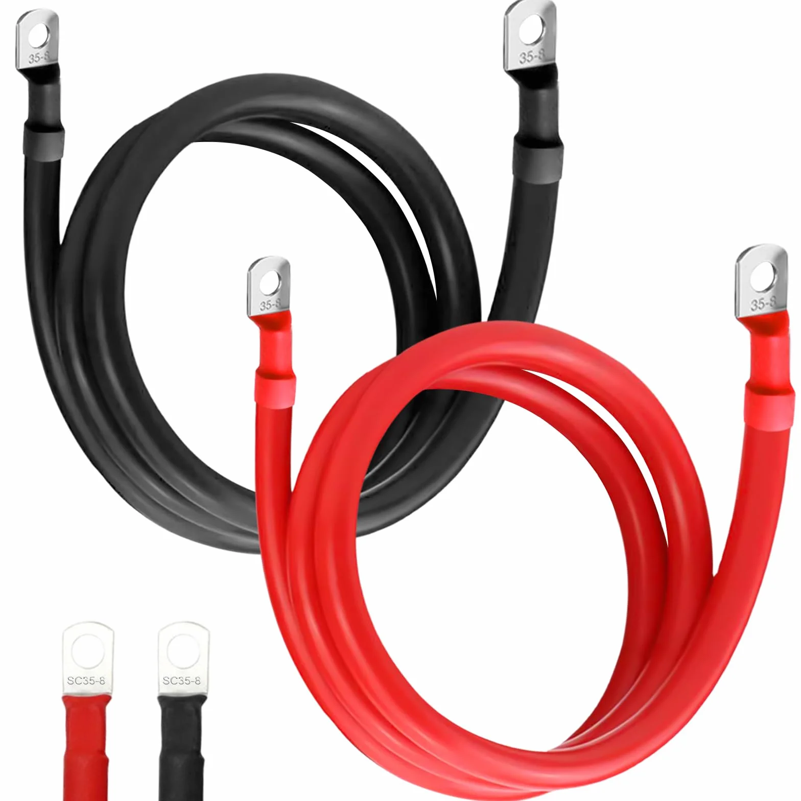 Cavi batteria 35mm²/2AWG, 2 pezzi di cavo in rame privo di ossigeno Rosso Nero, 100cm Cavo batteria 12v, Cavi batteria 35mm² con morsetti ad anello M8, Cavi batteria 12v per auto, moto, solare, camper