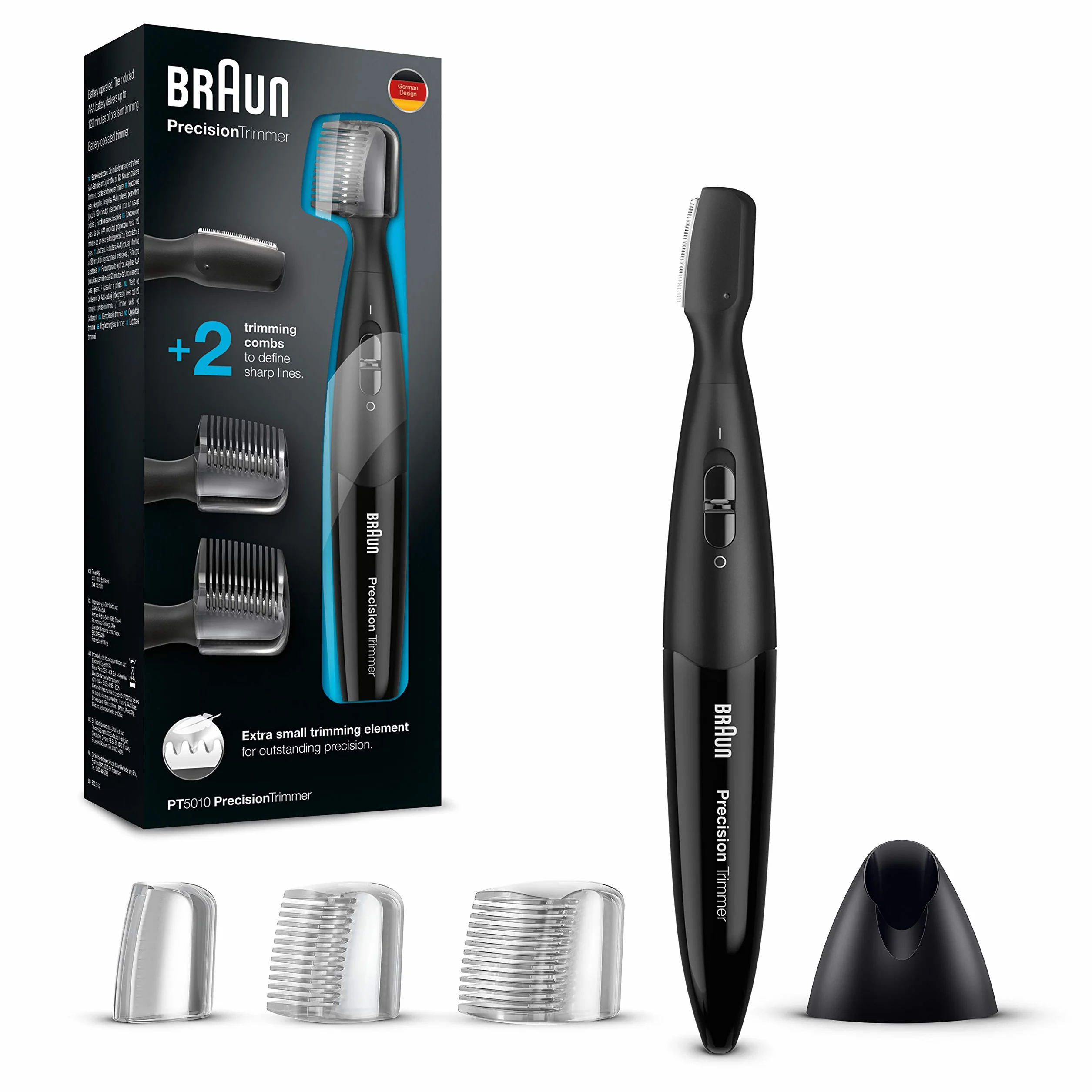 Braun PT5010 Precision Trimmer, RIFINITORE BARBA, 2 Pettini, Senza Fili, Nero e Blu