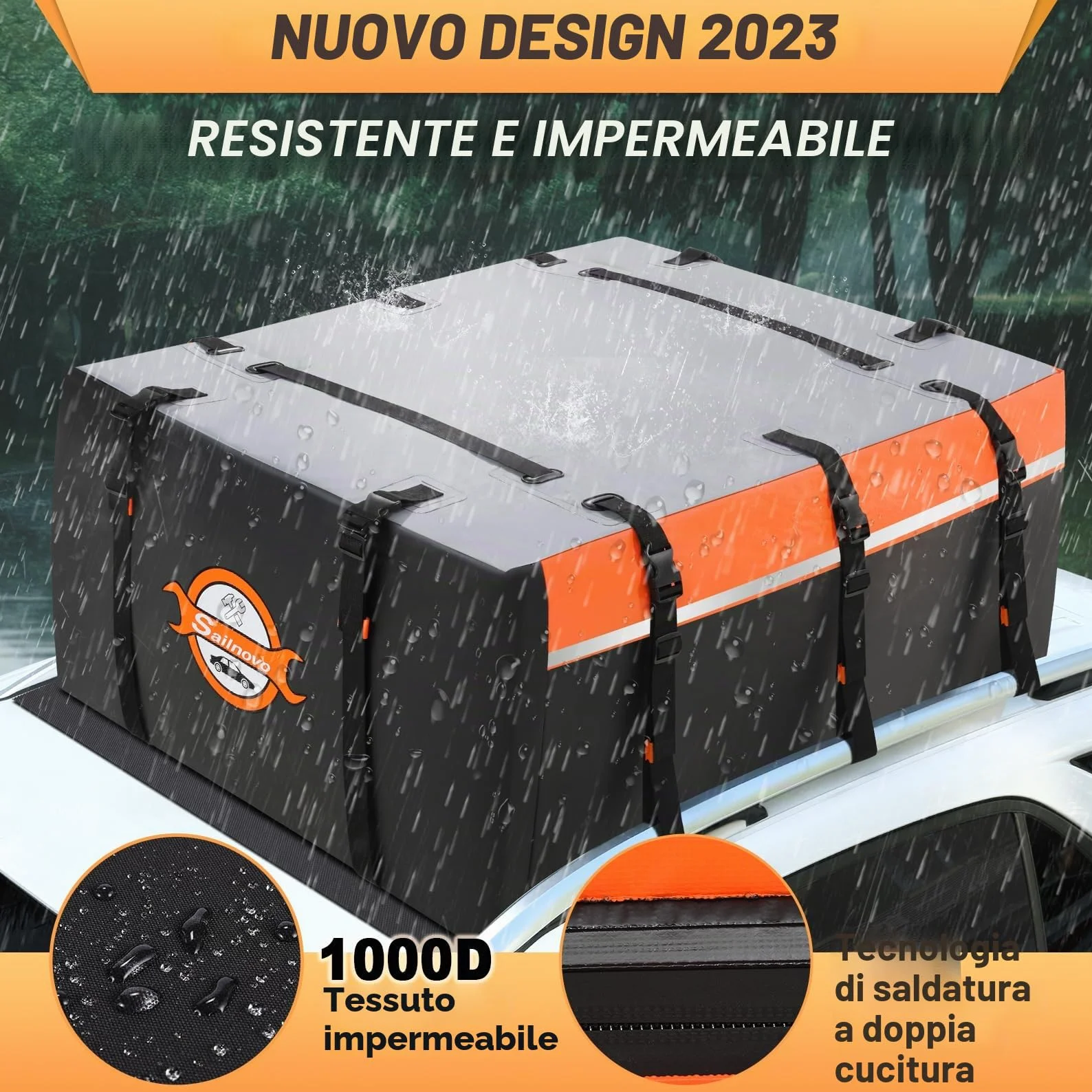 Sailnovo Box da tetto per auto, 21 piedi cubi, pieghevole, con tappetino antiscivolo, 6 ganci per porta, in PVC 1000D, per auto con/senza barra trasversale per portapacchi (arancione)