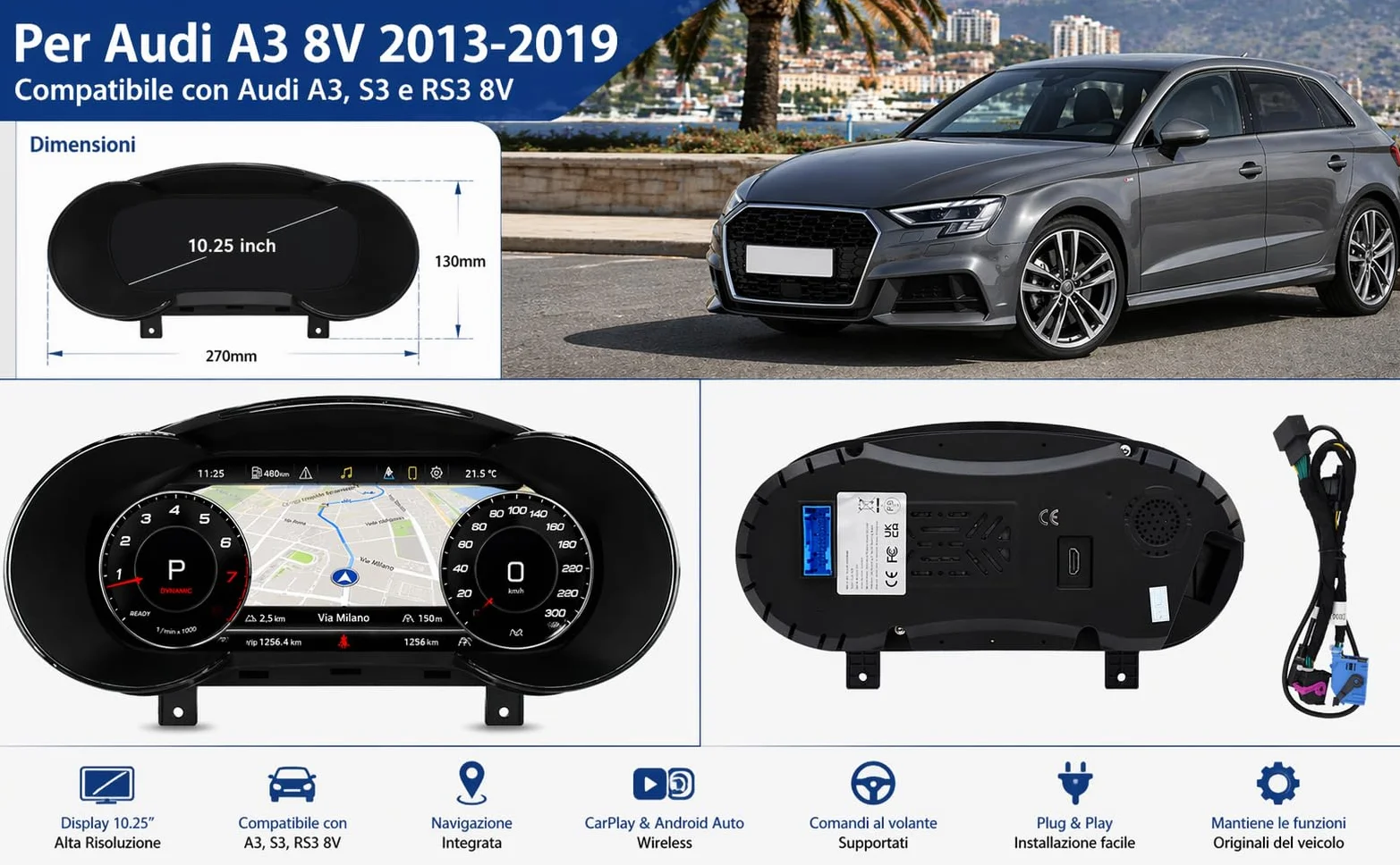 VIBEX Tachimetro Digitale 10,25 per Audi A3, S3, RS3 8V 2013-2019 |Virtual Cockpit LCD Full HD | Apple CarPlay Android Auto Wireless | Navigazione GPS | Plug & Play | Comandi al Volante |