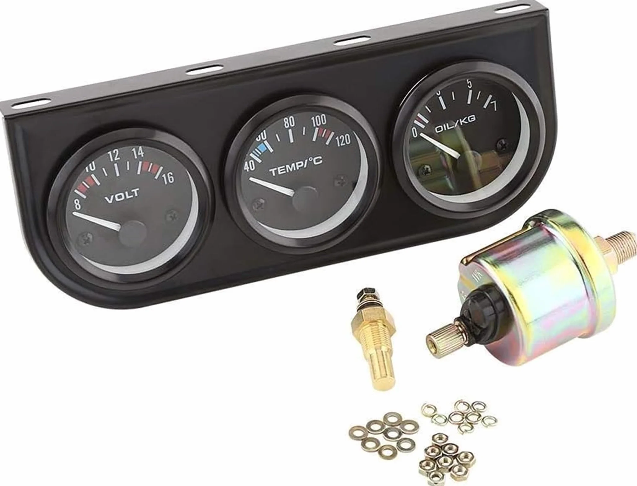 KSTE Indicatore Pressione Olio Motore 52mm 3 in 1 Voltmetro Water Temp Gauge Pressione Olio Meter con Sensore