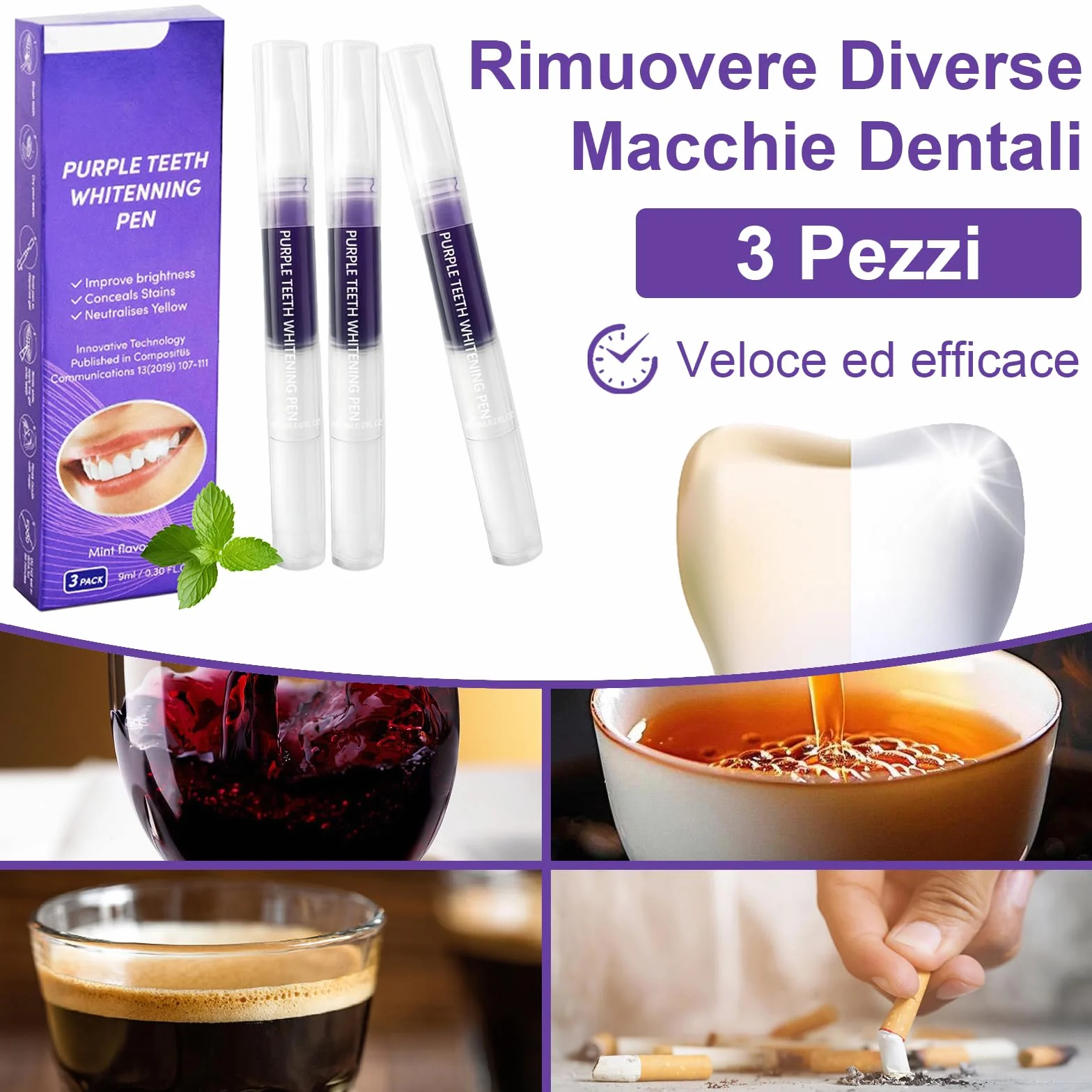 Kit Sbiancante Denti Professionale, Gel Sbiancamento Dentale, Rimuove Macchie Caffè, Viola 3 Pezzi